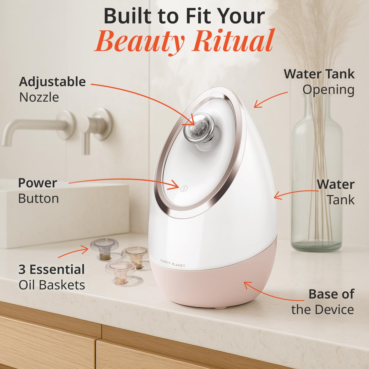 Aira Nano Ionic Facial Steamer by Vanity Planet - (Rose Gold) - Unclog Pores & Blackheads Cleaner Detoxifies, Cleanses & Moisturizes Skin - Adjustable Nozzle with Water Tank & 3 Essential Oil Baskets