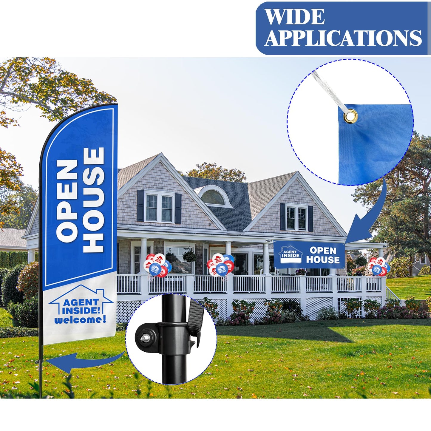 Cevicant Open House Flags Kit: Light Blue, Aluminum & Polyester, Open House Signage Kit, Sign, Attention-Grabbing, Festive, Real Estate, 8ft x 96in Banner, 30 Balloons