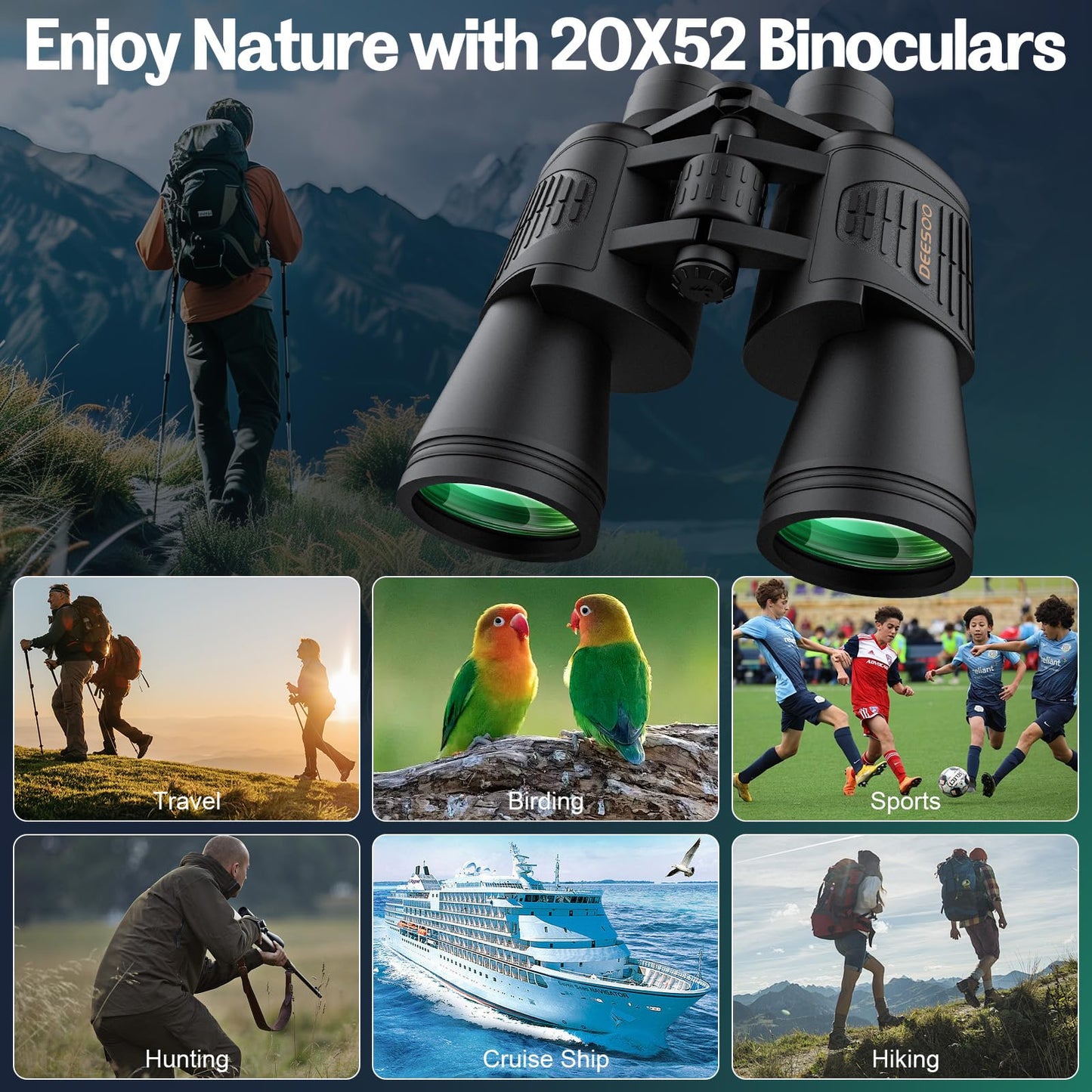 Deesoo 20x52 Binoculars for Adults High Powered - HD Large View Binoculars with Low Light Vision - Professional Binocular for Bird Watching Hunting Travel Cruise Outdoor Sports with Carrying Bag