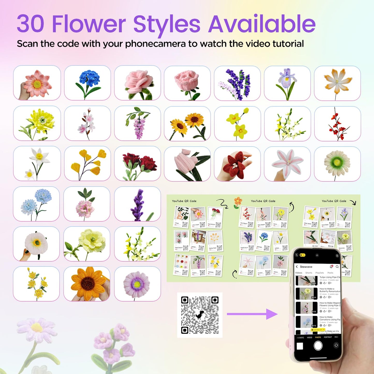 660 PCS Pipe Cleaner Flower Kit, 16 Colors Thick Chenille Stems Pipe Cleaner Bulk, Pipe Cleaners Craft Supplies with Viedo Instruction, Floral Wires, Tape, Stamen, Ribbon for DIY Art & Flower Making