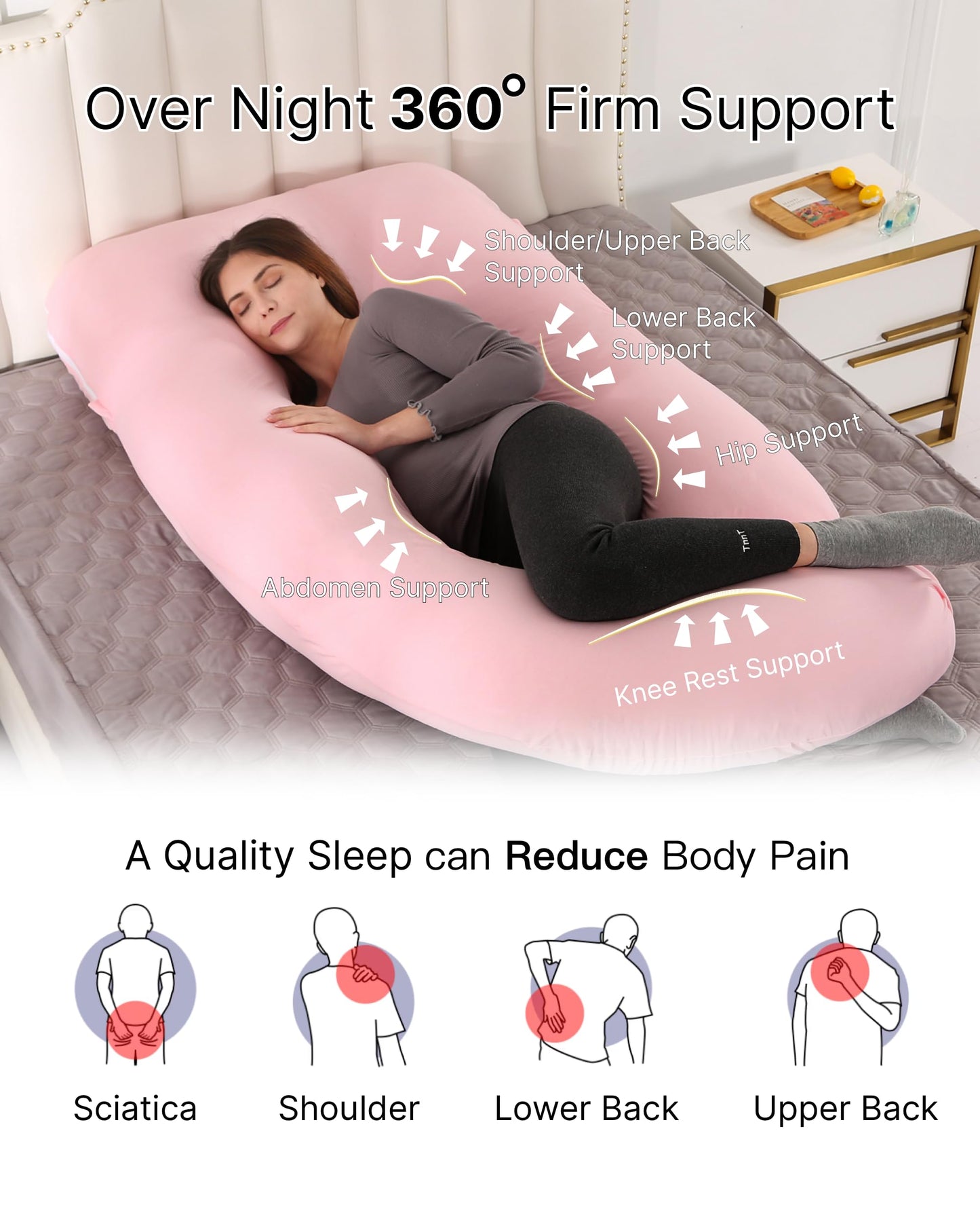 ALLOPERA Pregnancy Pillow, Full Body Maternity Pillow 57 inch, with Removable Washable Cover - Sleep Support for Legs, Back, Neck, Shoulder, HIPS, Belly for Pregnent Women, Jersey Knit Cotton (Pink)