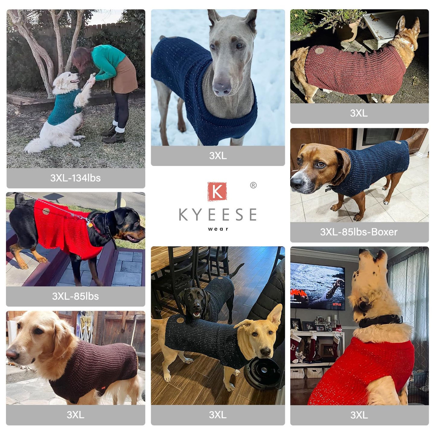 KYEESE Classic Dog Sweater With Leash Hole - Large Size Warm Coat for Large Dogs, Stretchy With Reflective Yarn, Comfy Clothes, Navyblue, 3XL