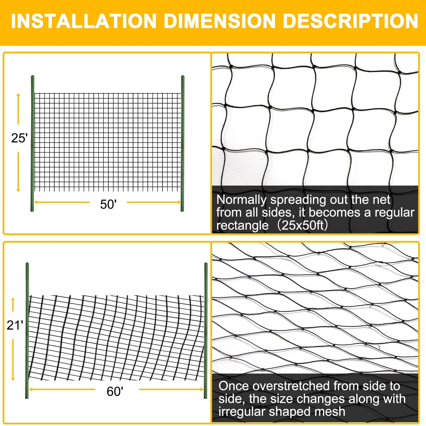 Bird Net 25'x50' With 2.4" Square Mesh for Garden, Chicken Coop, Poultry, Aviary - Heavy Duty Nylon Netting for Pests, Deer Fence, Fruit Trees