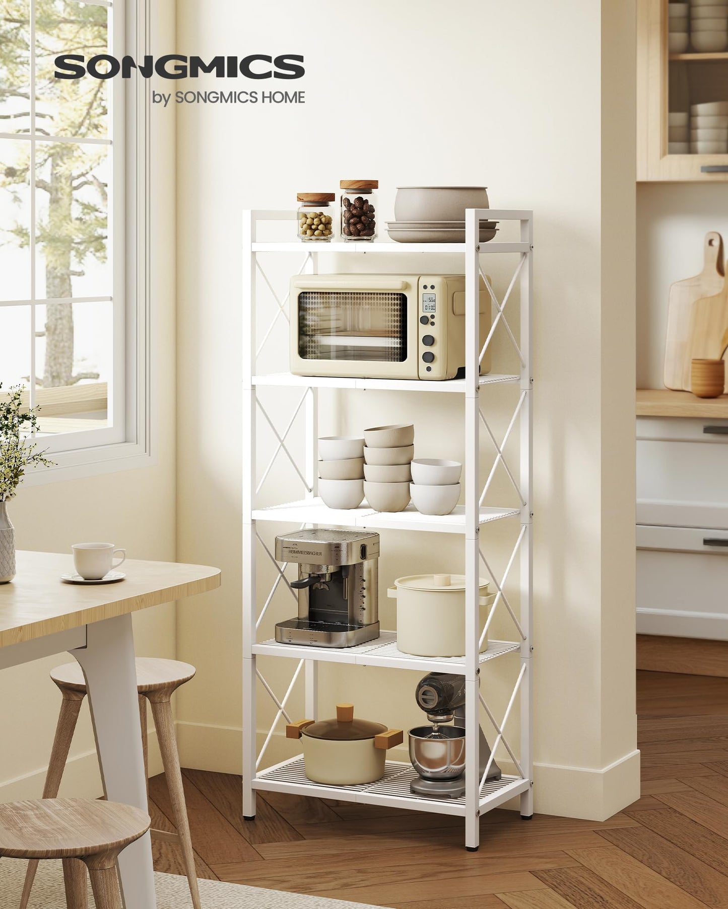 SONGMICS Metal Storage Rack, Shelving Unit with X Side Frames, Dense Mesh, for Entryway, Kitchen, Living Room, Bathroom, Industrial Style, 5-Tier, 11.8 x 22.8 x 55.5 Inches, Cloud White UBSC165W01V1