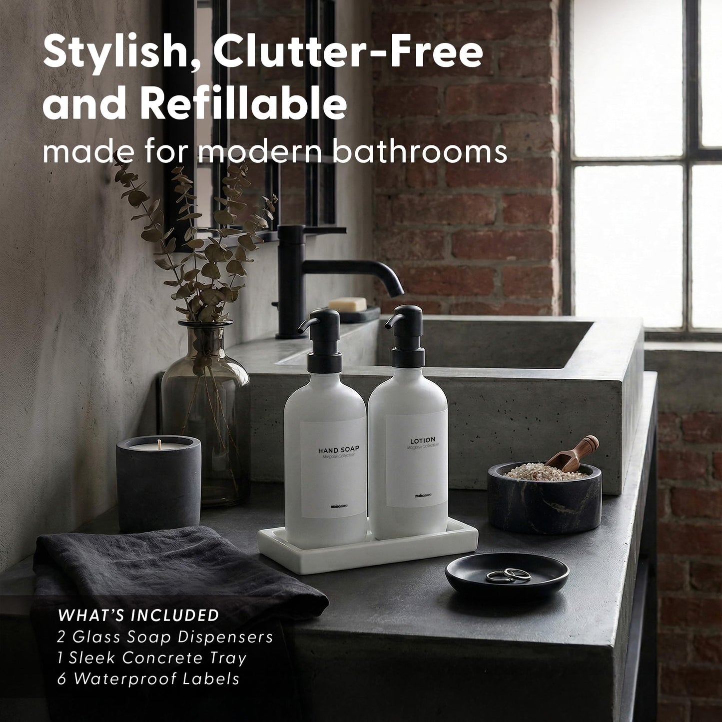 MaisoNovo Bathroom Soap Dispenser Set - Soap and Lotion Dispenser Set with White Soap Dispenser, Black Pumps & Concrete Tray