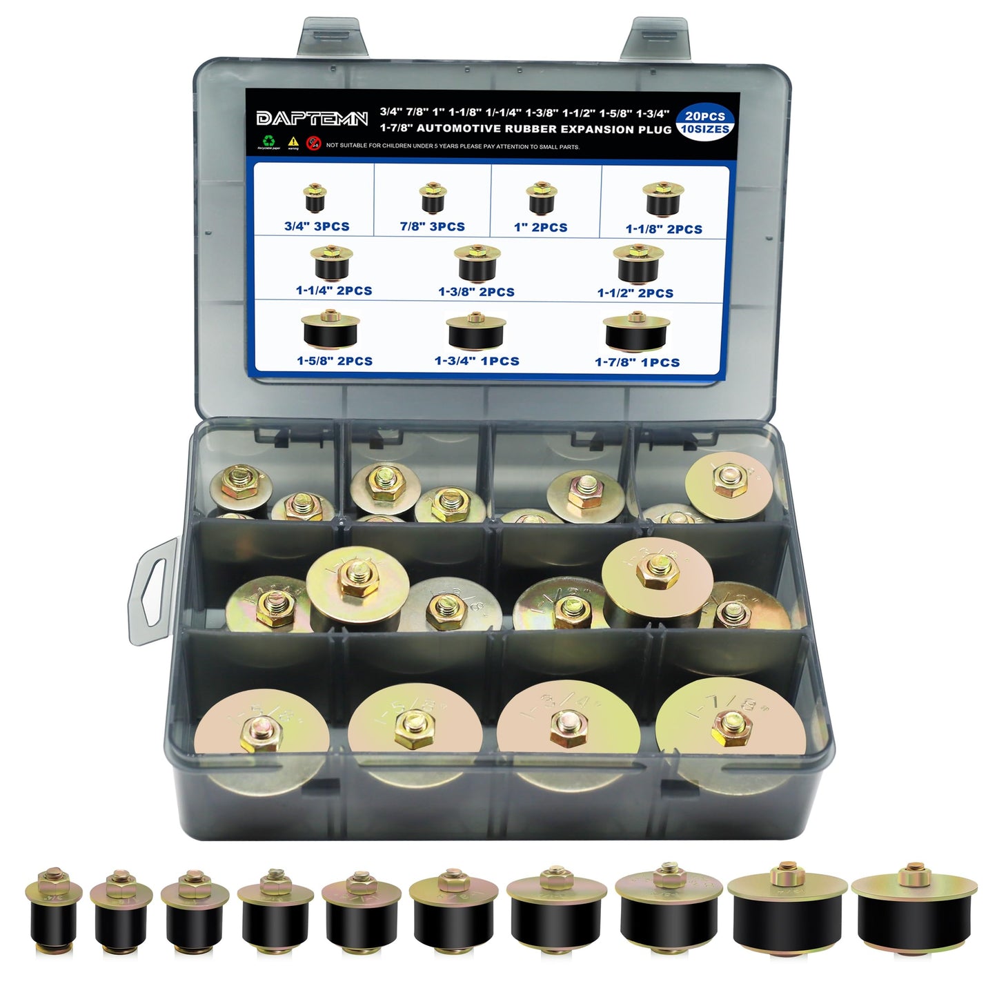Daptemn 20PCS Expansion Freeze Rubber Plugs Kit, 10 Sizes Automotive Engine Rubber Expandable Freeze Plugs Fit Hole 3/4" 7/8" 1" 1-1/8" 1-1/4" 1-3/8" 1-1/2" 1-5/8" 1-3/4" 1-7/8"