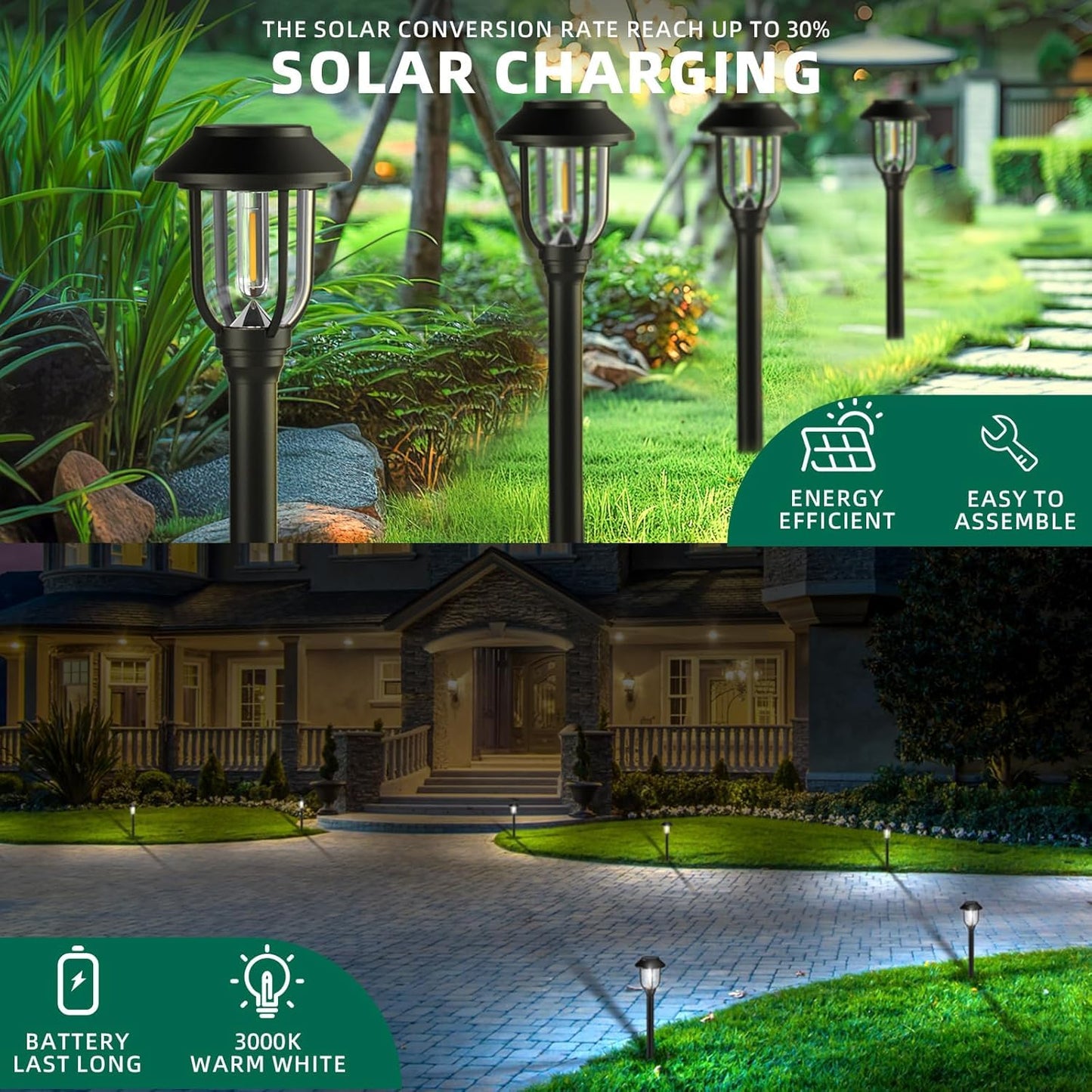 Solar Lights Outdoor Waterproof 8 Pack, 6000K Cool White Solar Pathway Lights, Auto On/Off,Solar Lights for Walkway Black Stainless Steel Landscape Lighting for Walkway Driveway Yard Garden Patio