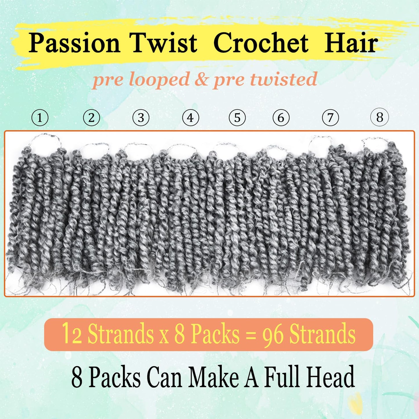 8 Packs Pre-twisted Passion Twist Crochet Hair for Black Women, 8 Inch Passion Twist Hair, Pre-looped Crochet Braids Bohemian Hair Synthetic Braiding Hair Extensions (12Strands/Pack,TGrey#)