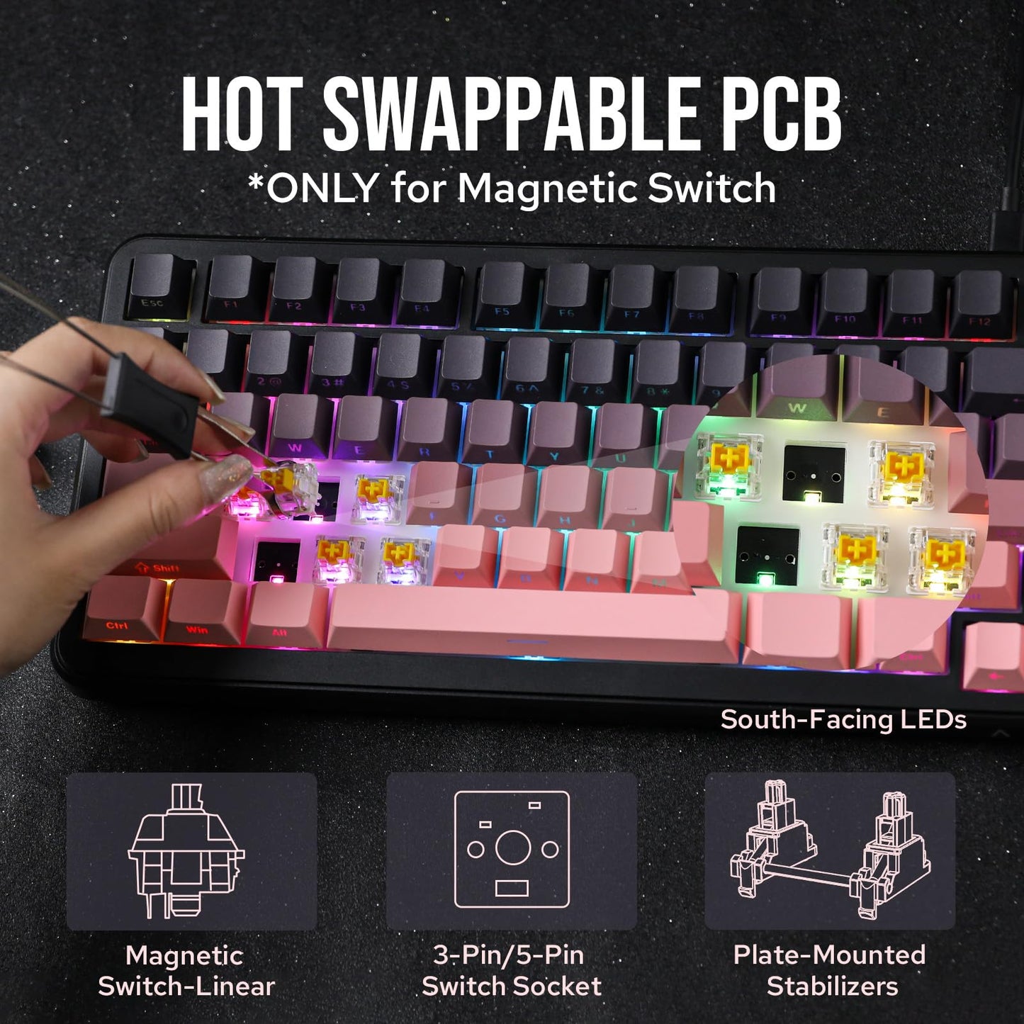 MechLands AJAZZ AK820 MAX HE Hall Effect Magnetic Gaming Keyboard, Adjustable Actuation, 8KHz Polling Rate, Wired Rapid Fast Keyboard, Creamy Gasket, RGB Backlight, NKRO for Win/Mac (Black Pink)