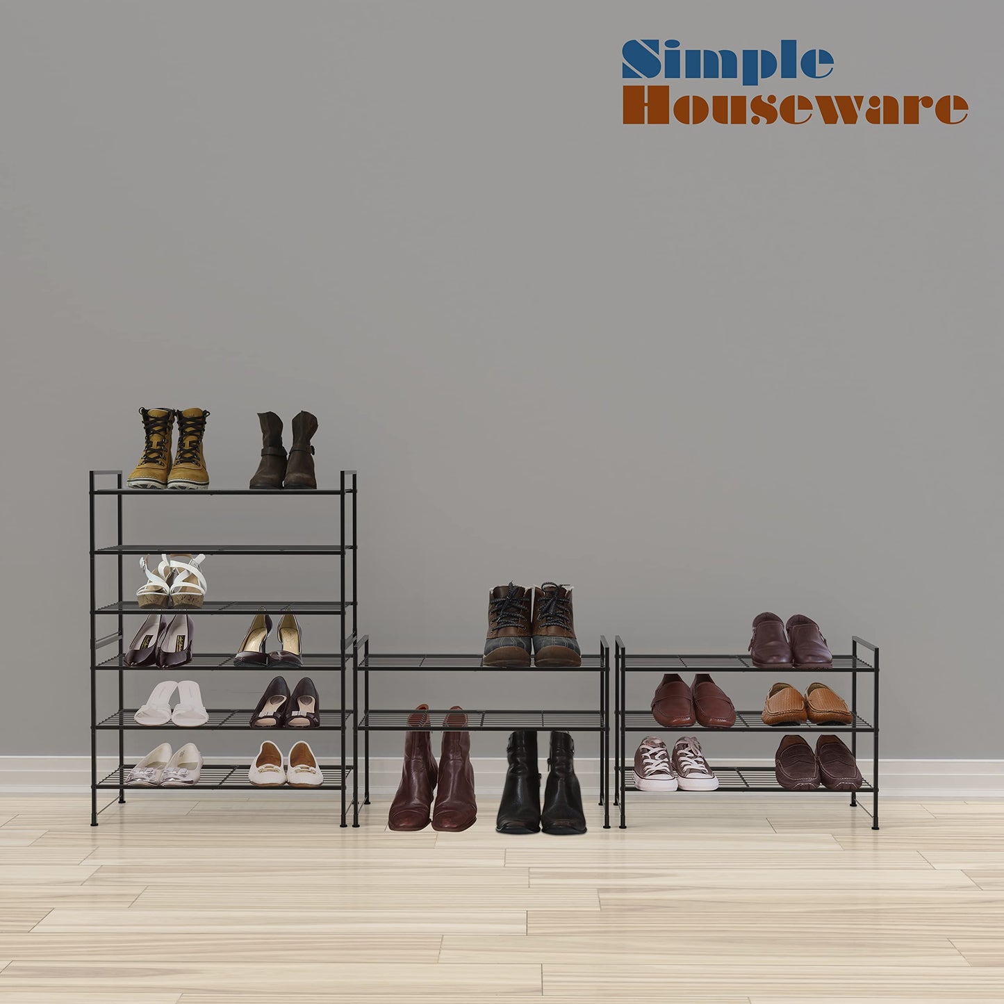 Simple Houseware 3-Tier Stakable Wired Grid Shoe Racks Storage Shelf, Black