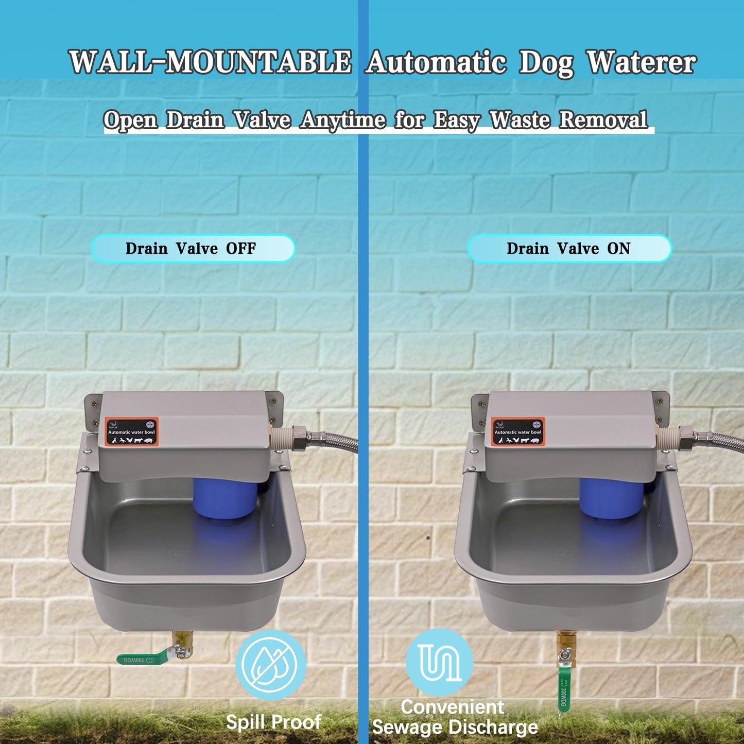 Boajf Automatic Dog Water Bowl, with Drainage System, Stainless Steel Auto Pet Waterer for Outdoor Yard, Includes Drain Valve, Float Valve, Hose Quick Connector, for Small Animal (1 Quart)