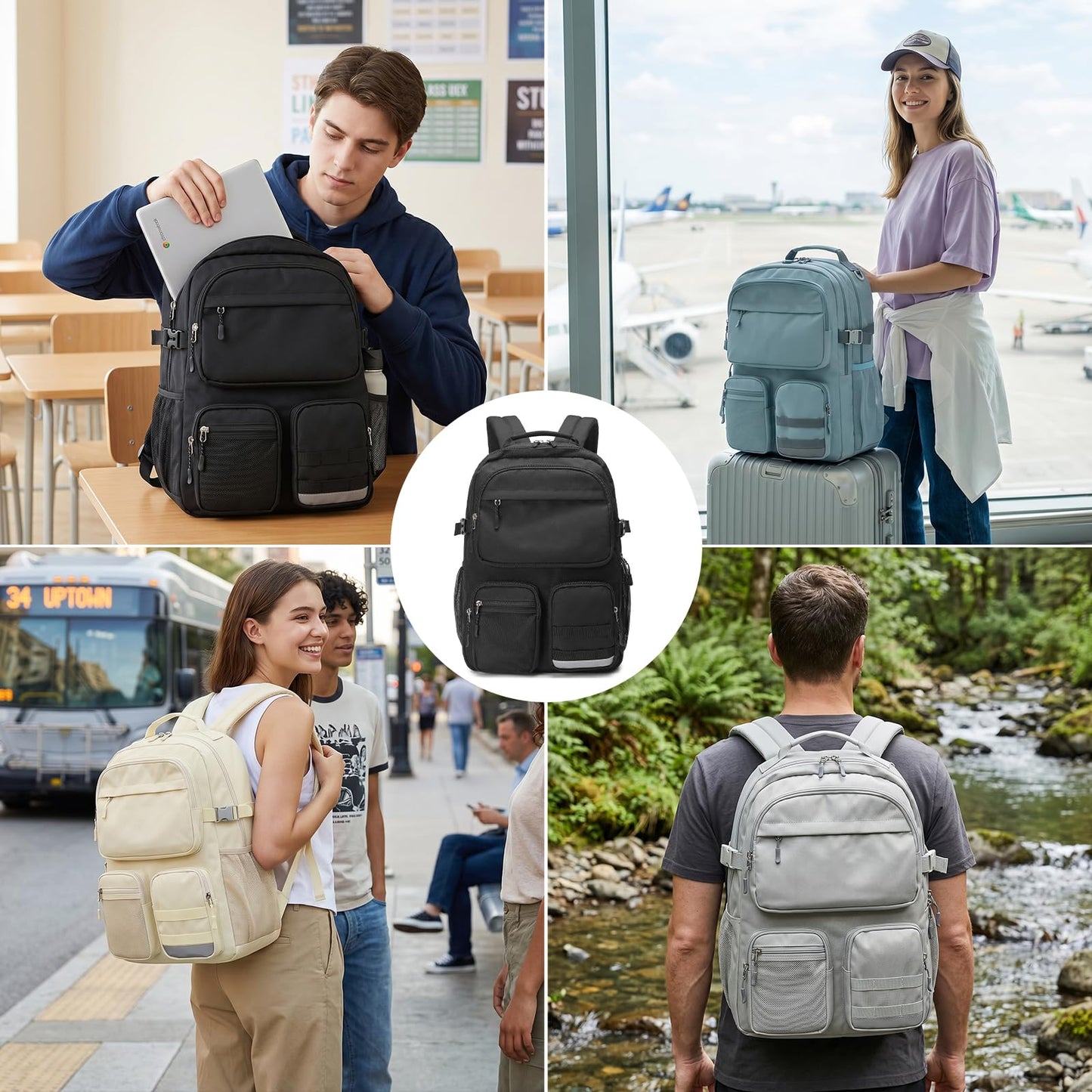 Lohol Water Resistant Backpack with Multifunctional Pockets for Teens, Durable Bookbag fits 15.6 inch Laptop, Black, 17.3 x 12.4 x 6.7 inches