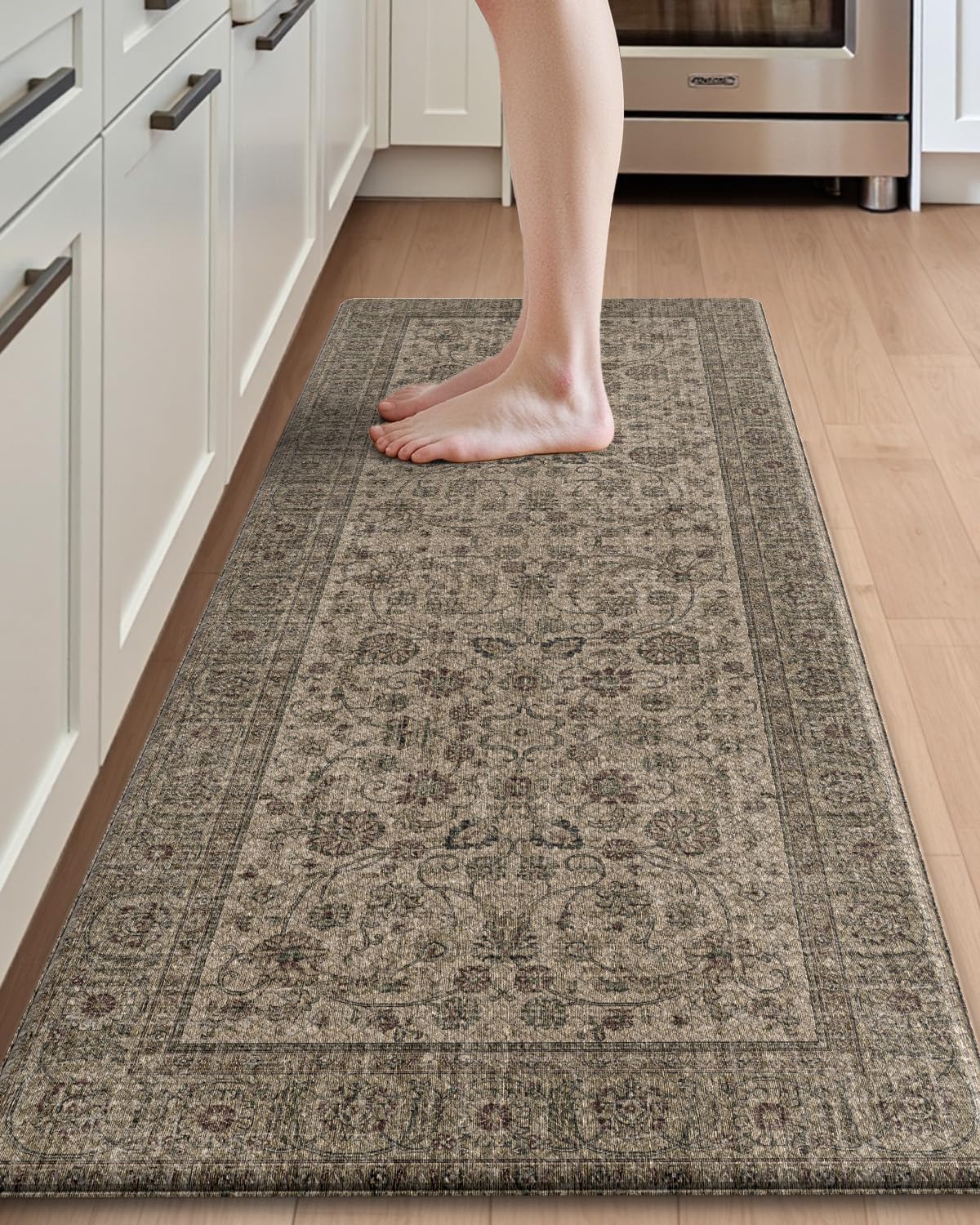 DEXI Kitchen Mats for Floor Anti Fatigue, 23x59 Long Runner Rug with Non Slip Back, Cushioned Foam Waterproof Standing Desk Boho Floral Home Decor, Dark Brown