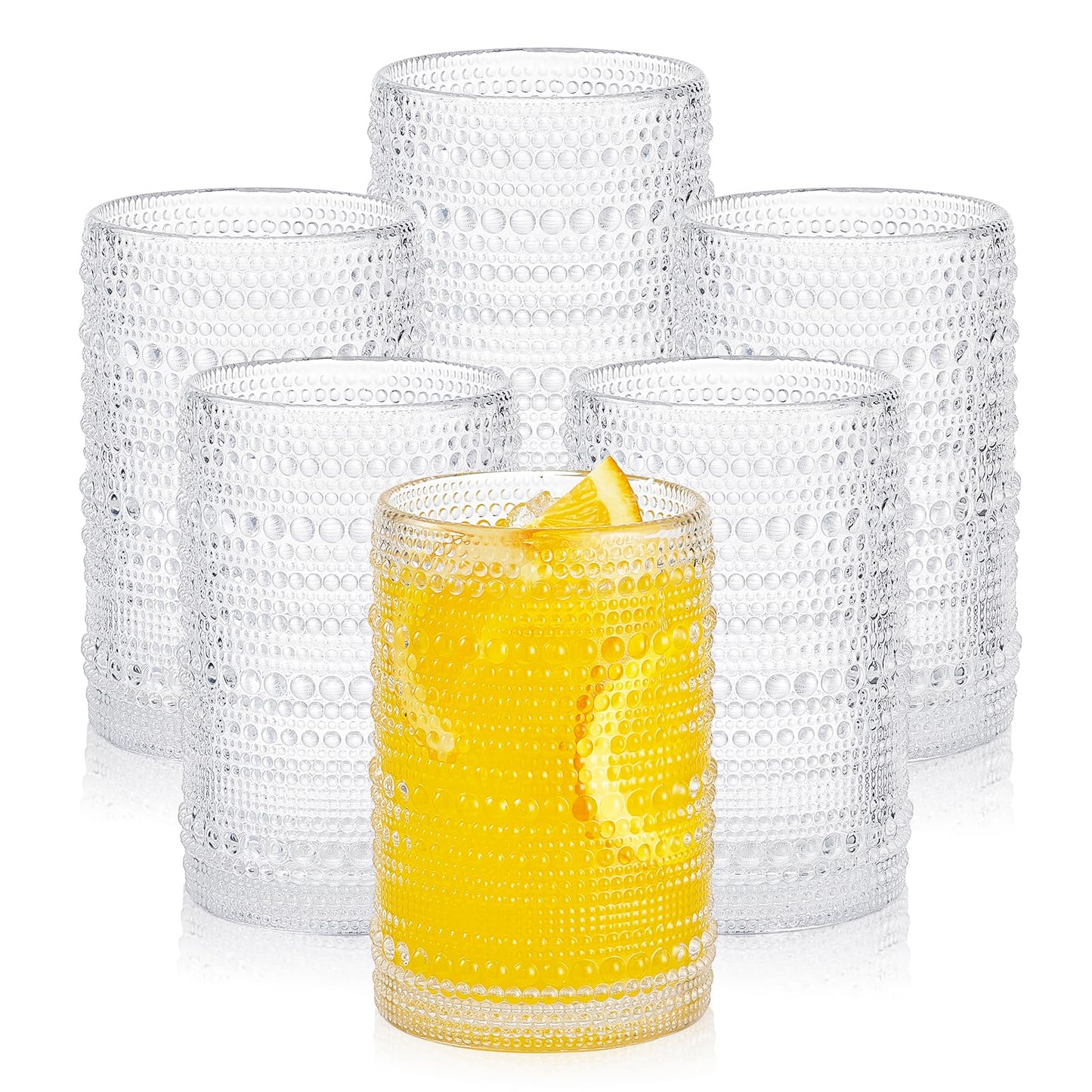 HomeVogue Large Glasses Set of 6,15 oz Hobnail Glassware with Straws, Vintage Glassware Drinking Glasses, Embossed Clear Water Tumbler, for Beer, Cocktail, Whiskey, Juice and Various Mixed Drinks