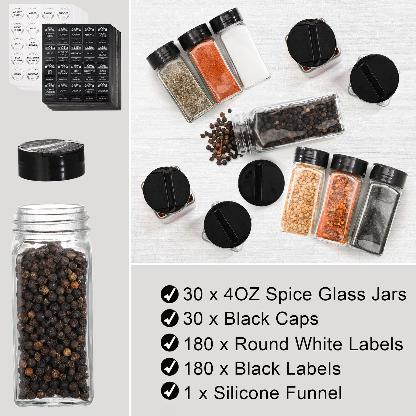 Tebery 30 Pack Glass Spice Jars Square Glass Bottles with Black Caps, 4oz Empty Spice Containers Shakers Complete Organizer Set Includes Shaker Lids, Wide Funnel and Labels