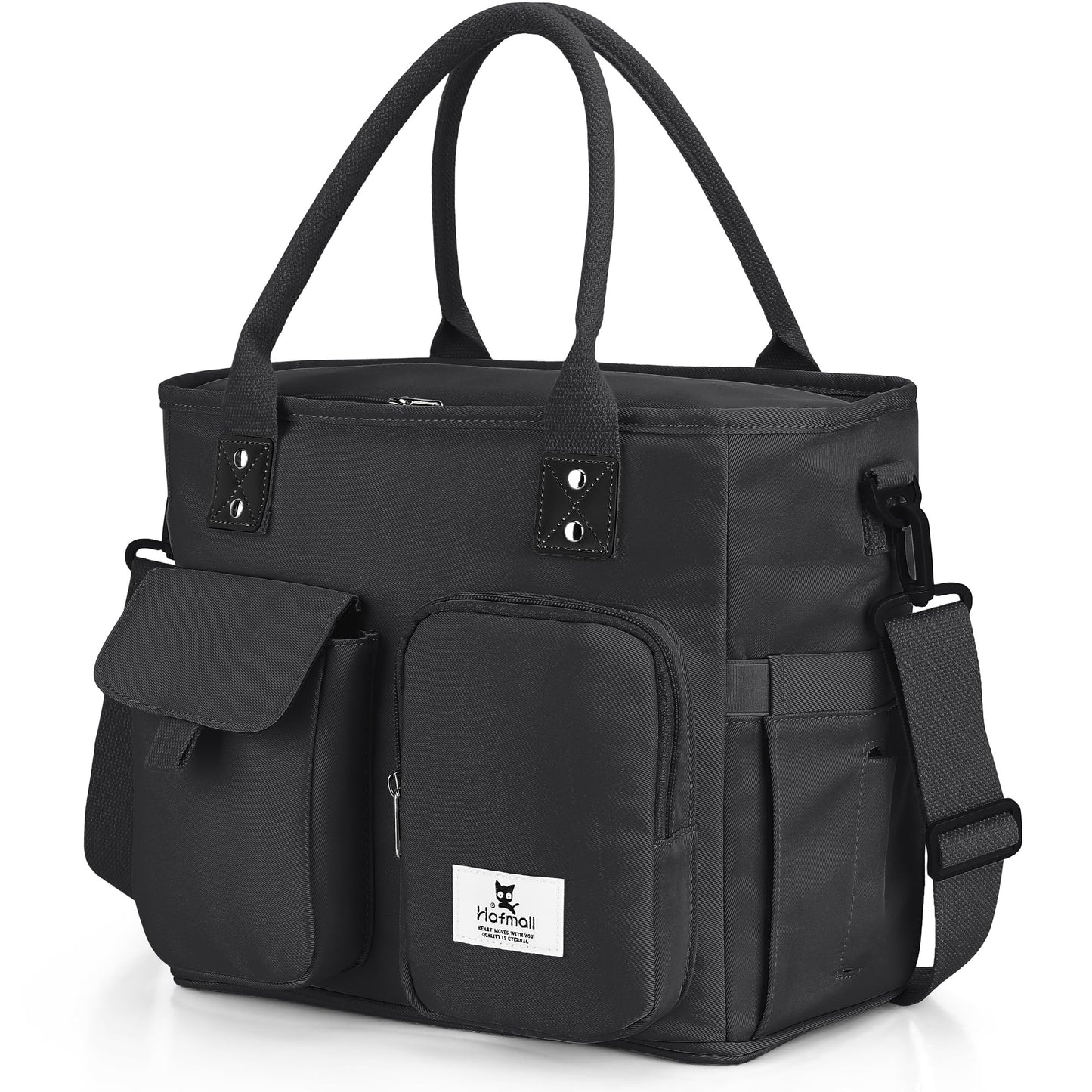 Hafmall Large Insulated Lunch Bag for Women Men, Leakproof Wide Opening Lunch Box for Adults, Reusable Lunch Tote Bag with Shoulder Strap, Womens Lunch Bag for Work, Picnic, Black