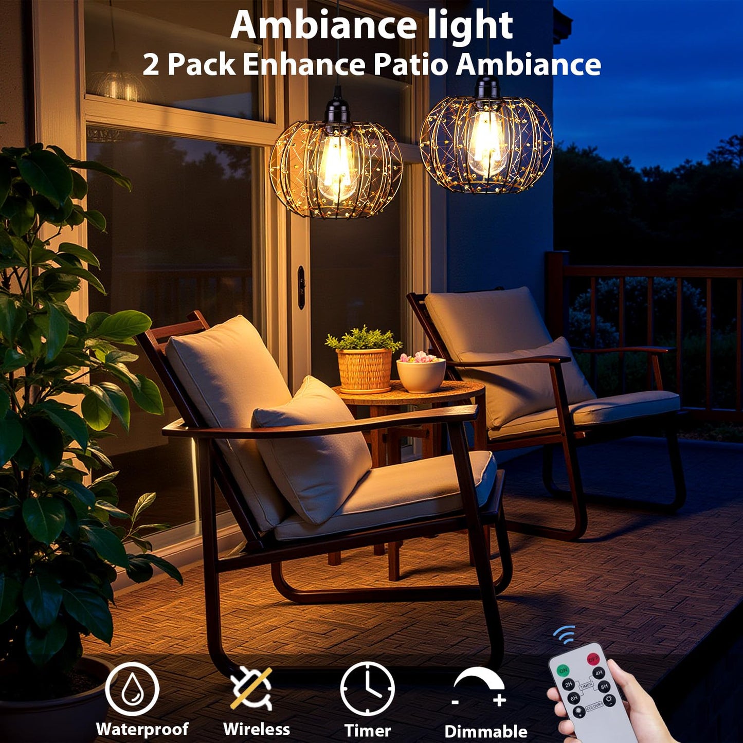 All Fortune Battery Operated Hanging Outdoor Chandelier, Battery Operated Gazebo Pendant Light Outdoor Waterproof, No Wiring, Powered by 4 AA Batteries, for Gazebo, Porch, Pergola, Decor Lighting (2)