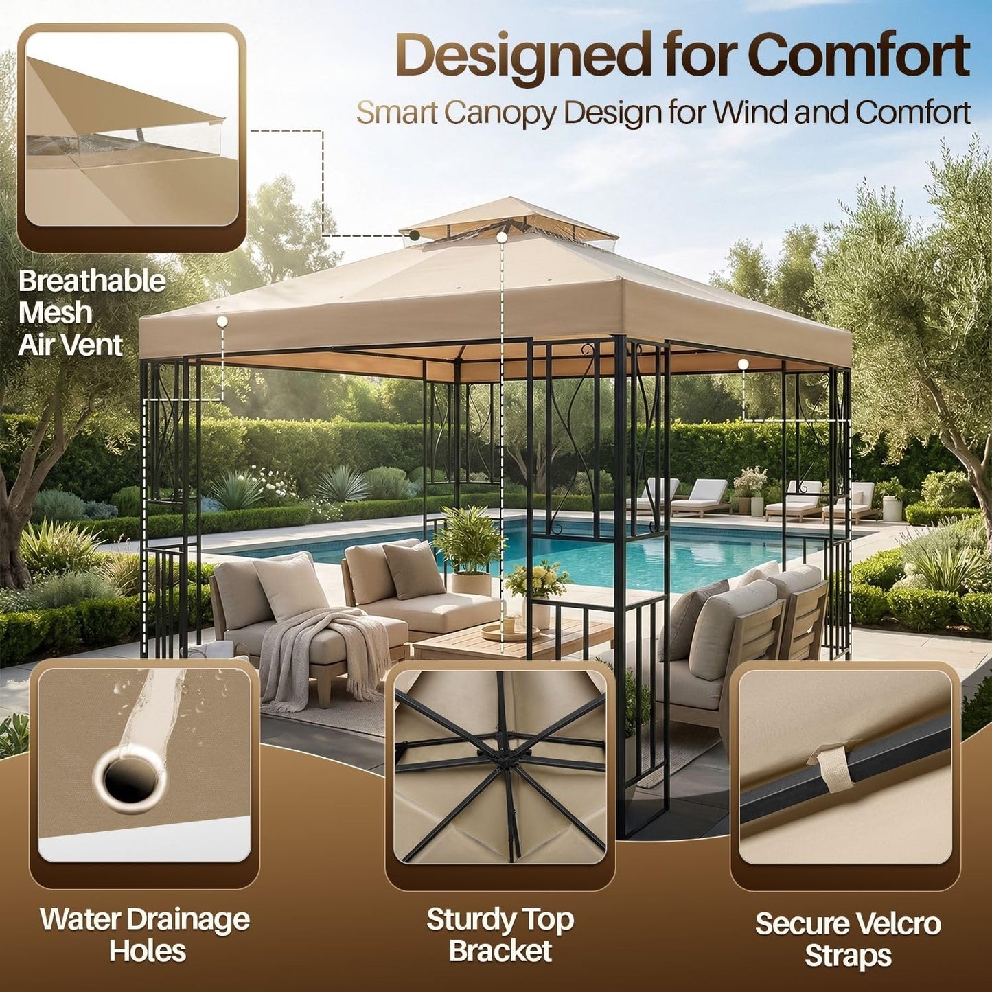 Flexzion Gazebo Cover Replacement Canopy Top 12x12 Ft (3.6m x 3.6m) - Double Tier Top Canopy Cover Replacement with UV30+, Dirt, Water Resistant for Outdoor, Sunshade, Garden, Patio, Pavilion (Beige)