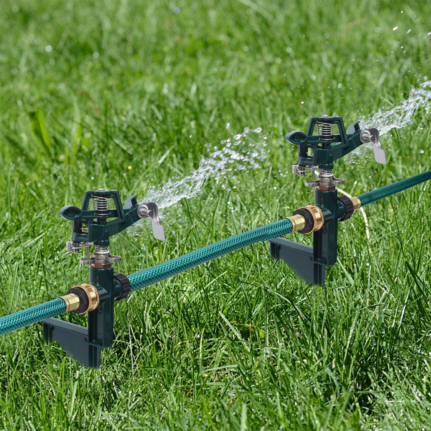 Biswing 2 Pack Impact Sprinkler Head on Metal Step Spike, Heavy Duty Zinc Alloy Lawn Sprinkler, Adjustable Coverage Nozzle on Sturdy Spike Base, 360 Degree Large Area Irrigation, Green