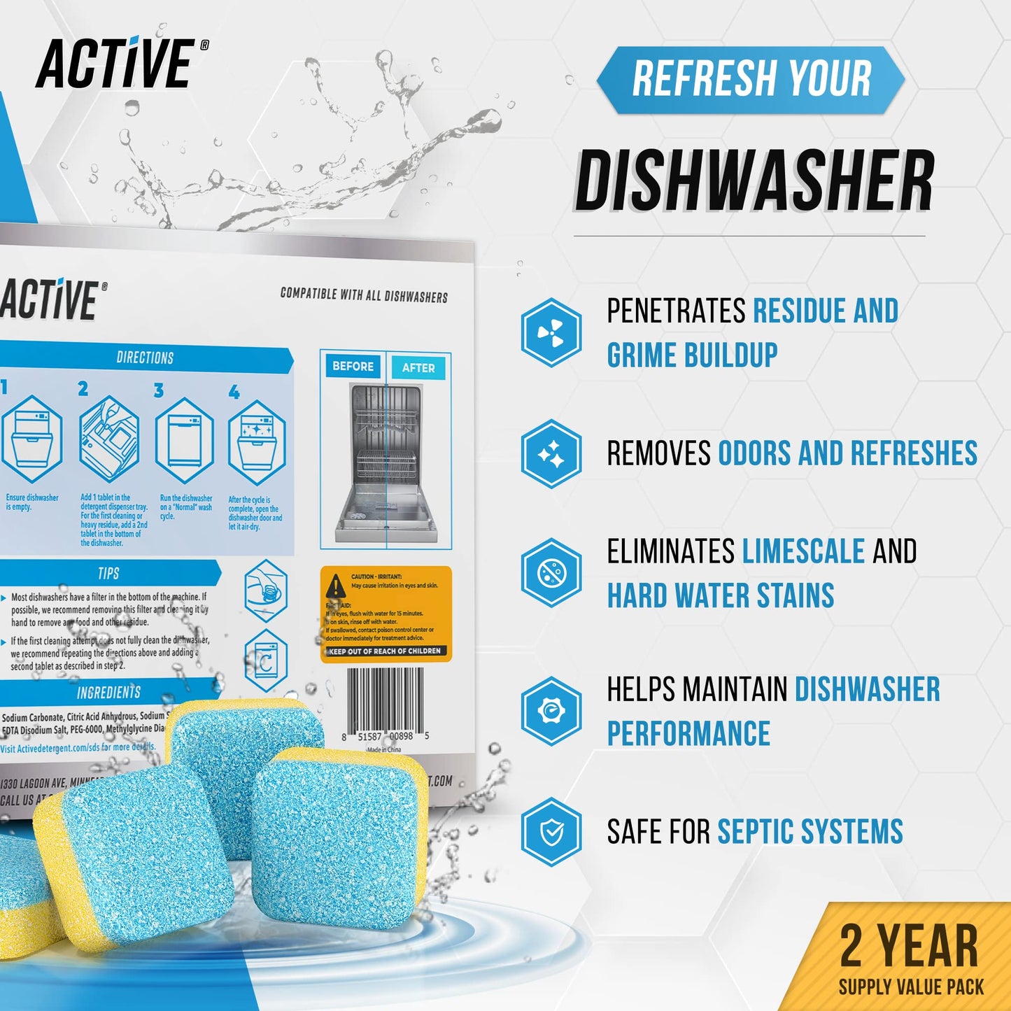 Dishwasher Cleaner Deodorizer Tablets 48 Pack - Value Size Descaler Dish Washer Machine Clean, Heavy Duty & Septic Safe, Natural Limescale Remover, Hard Water, Calcium, Odor, Smell - Double Pack 48 Ct