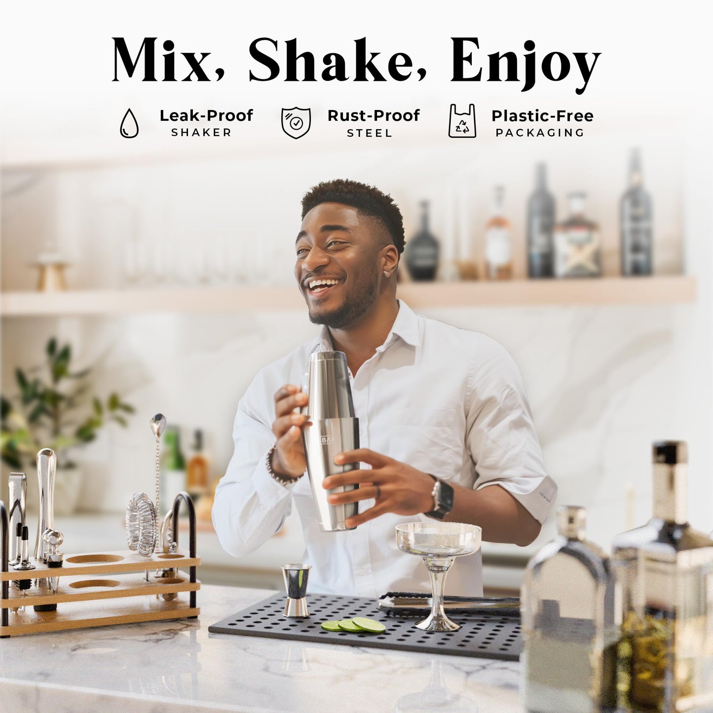 Pro Cocktail Kit | Mixology Bartender Kit | 14-Piece Cocktail Shaker Set | Martini Home Bartending Bar Accessories | Incl. 35 Recipe Cards | Gift Set (800ml/28oz Boston Shaker, Silver/Natural)