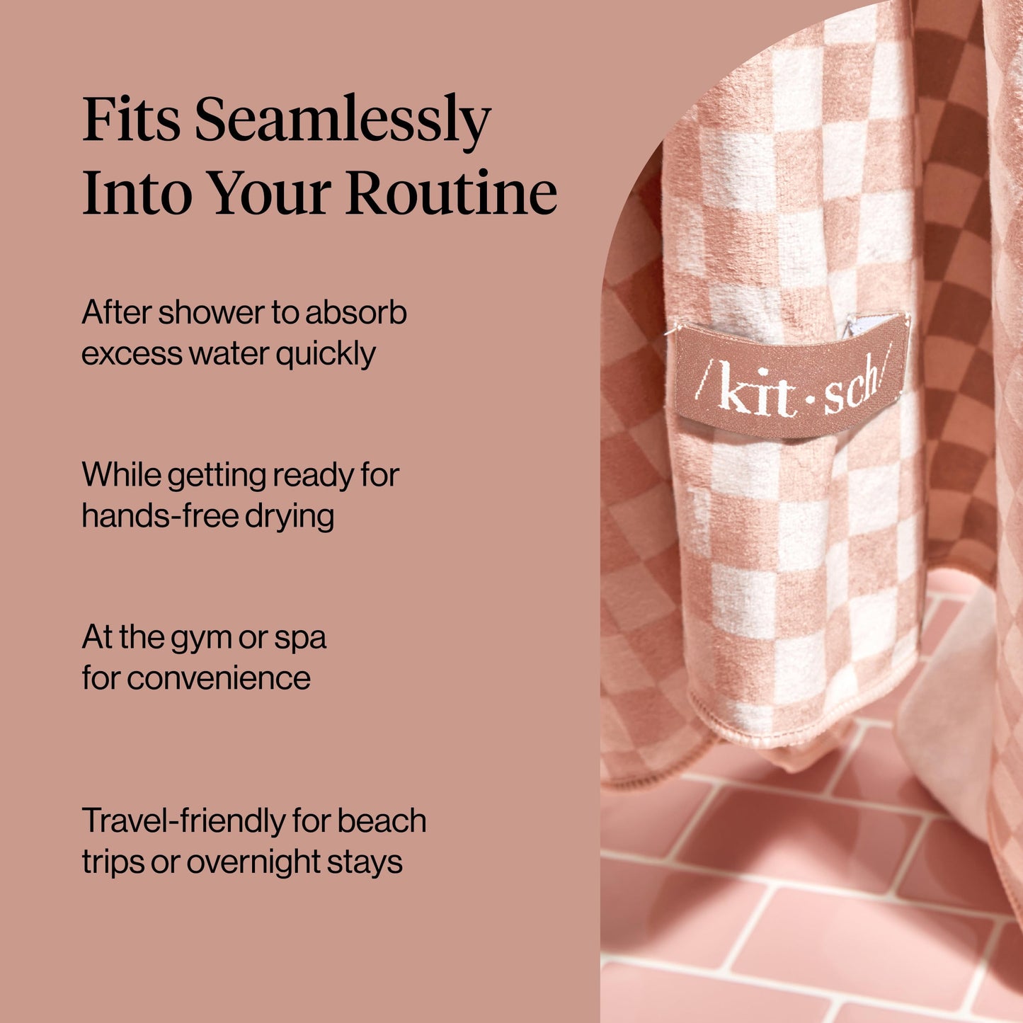 Kitsch XL Microfiber Hair Towel Wrap for Women – Ultra Absorbent Microfiber Towel for Wet, Curly, Long or Short Hair – Quick Dry, Anti-Frizz Hair Wrap – Terracotta Checkered, 40x24 inches
