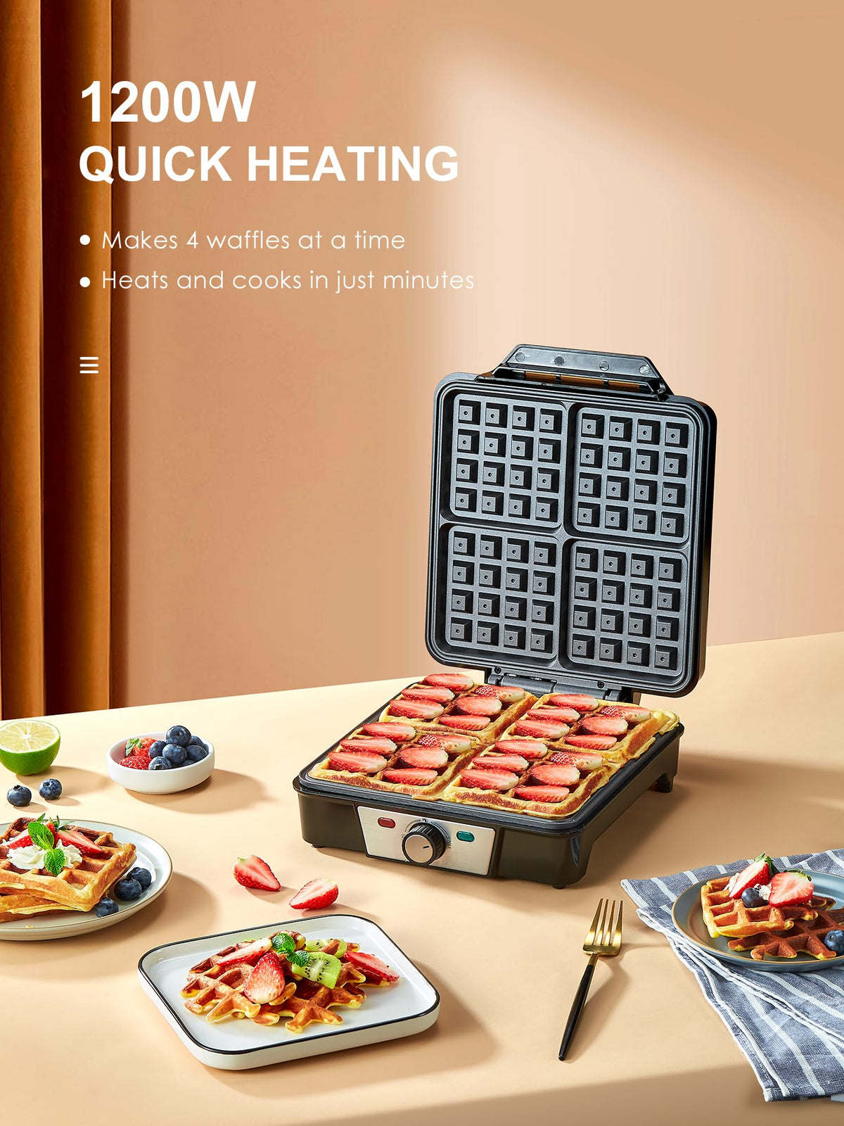 Belgian Waffle Maker 4 Slices, 1200W Waffle Iron, Anti-Overflow Waffle Iron with Adjustable Knob, Nonstick Plates, Indicator Lights, White