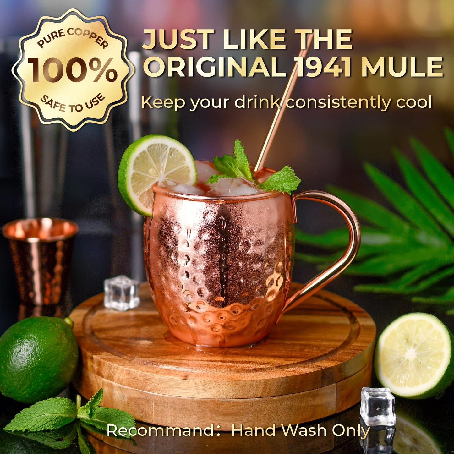 Moscow Mule Copper Mugs - Set of 4 100% Handcrafted Solid 16 oz Copper Mugs with 4 Copper Straws, 1 Stirring Spoon, 1 Copper Shot Glass, 1 Straw Cleaning Brush,Ideal Christmas Gifts for Men Women