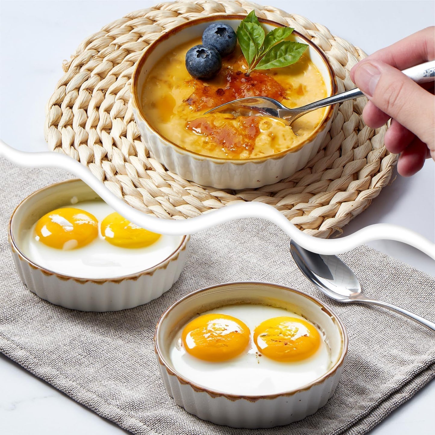 ONEMORE Ramekins 4 oz - Oven Safe Shallow Ramekins with Brown Rim for Creme Brulee - Speckled, Fluted, Set of 6