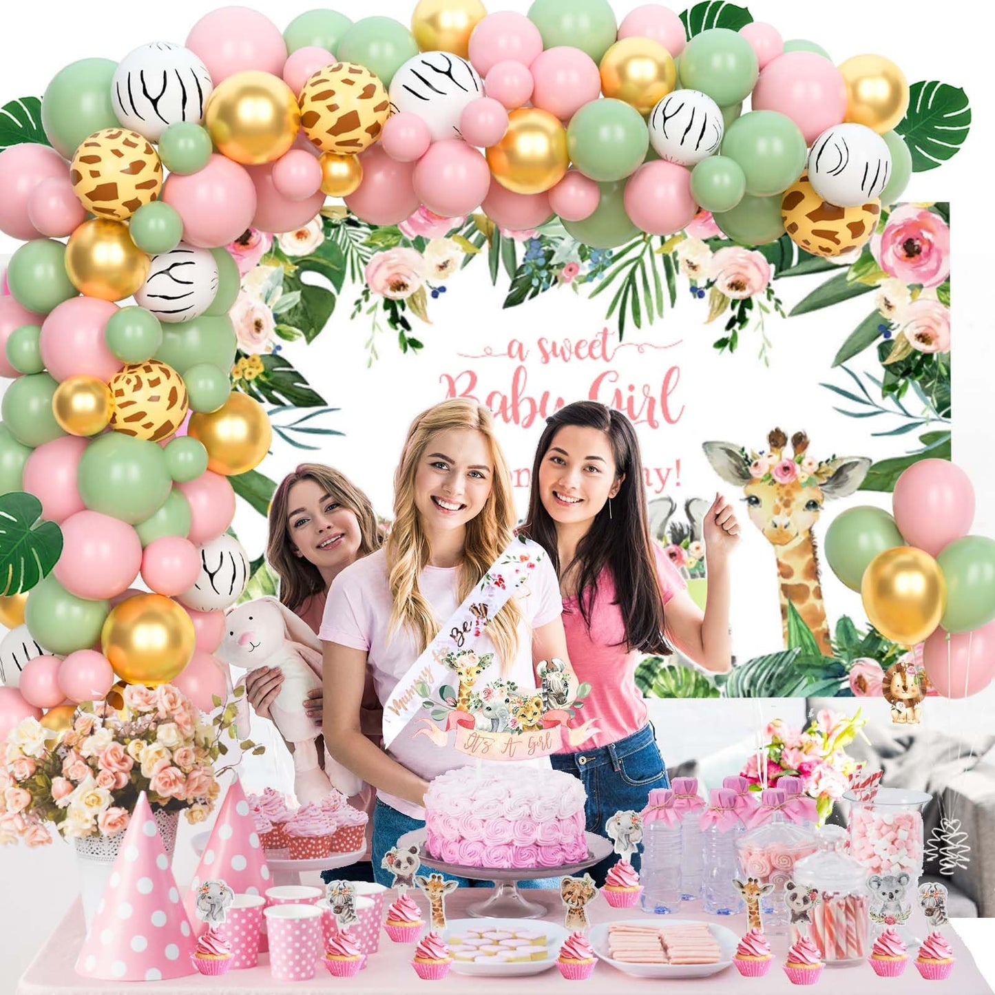 149 PCs Safari Baby Shower Decorations for Girl, Fiesec Jungle Themed Décor Backdrop Balloon Garland Arch Artificial Leaves Box Cutout Glitter Banner Cake Topper Sash Lion Cheetah Giraffe Pink