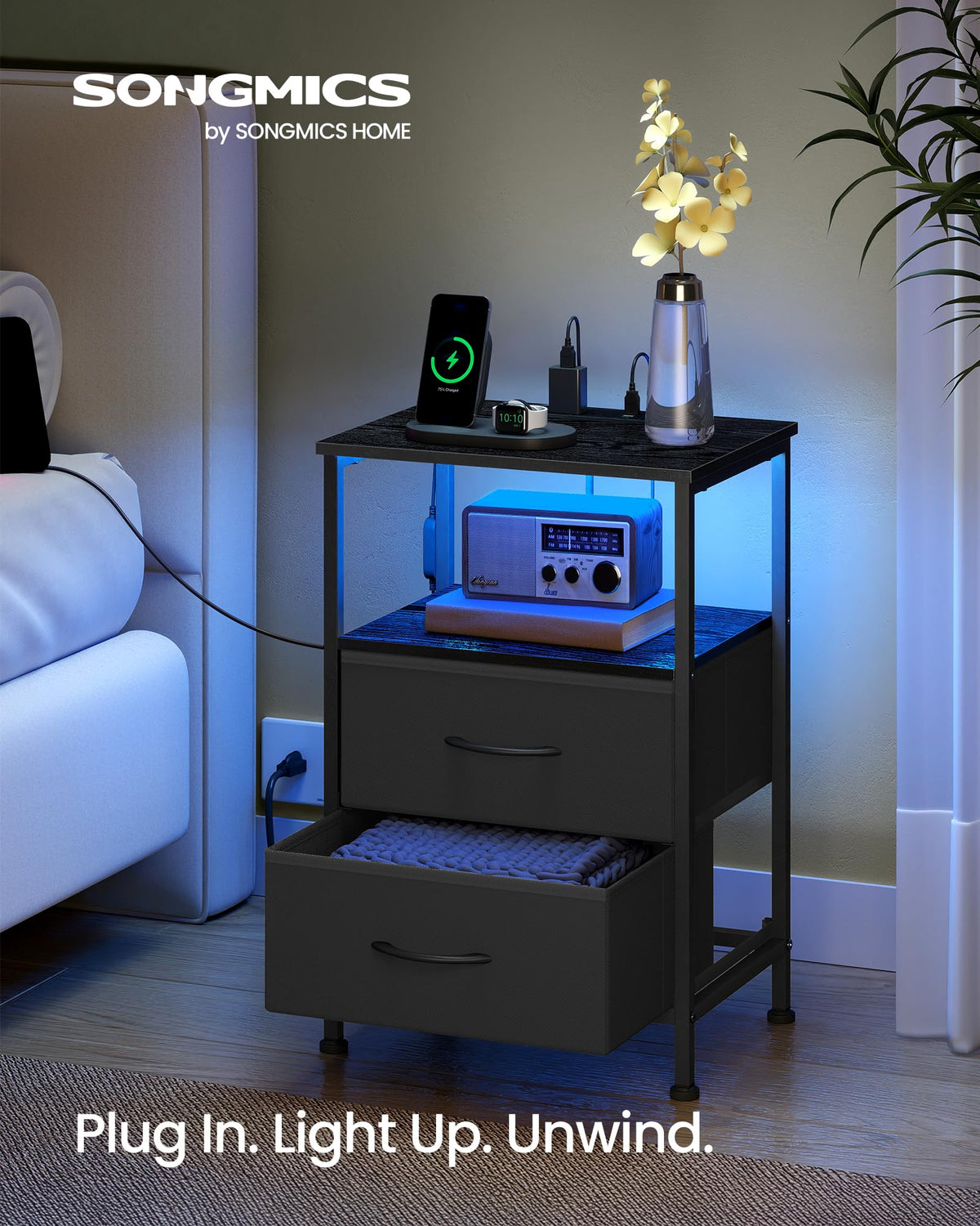 SONGMICS BELLAH Collection - Nightstand with Charging Station and APP-Controlled Adjustable LED Lights, Bed Side Table, 2 Drawers and Open Shelf, Bedroom, Ink Black and Ebony Black ULGS302BH04