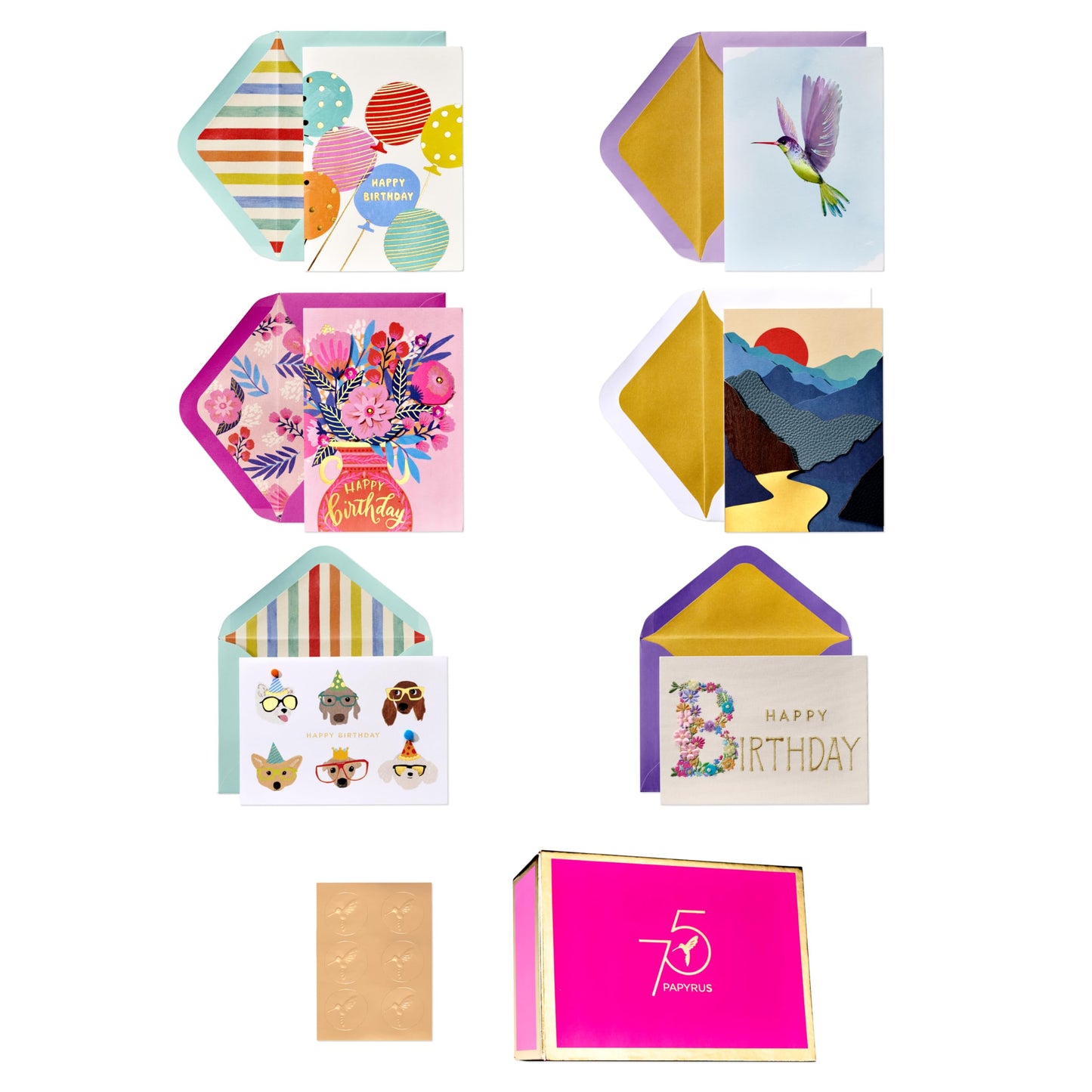 Papyrus 75th Anniversary Greeting Card Assortment for Birthday and All Occasion with Keepsake Box (6-count)
