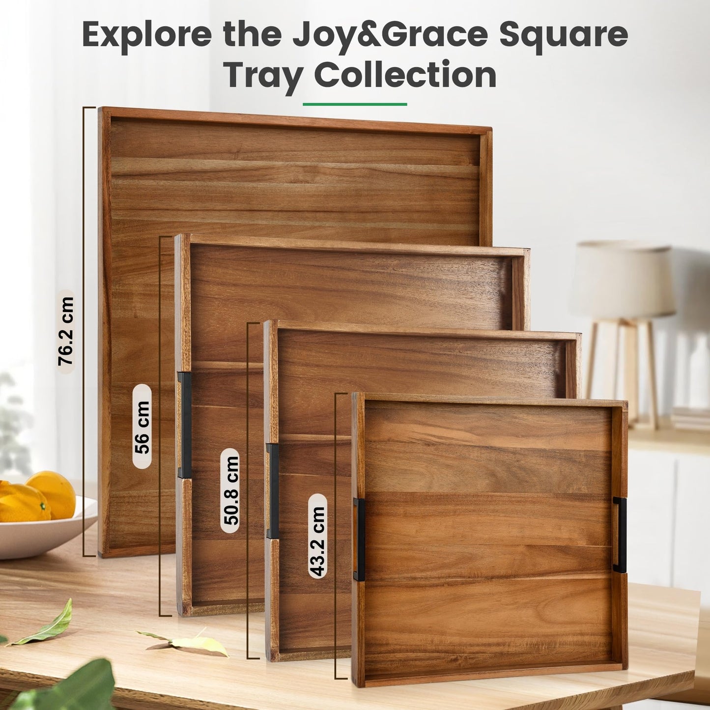 Large Square Ottoman Tray for Living Room and Coffee Table Decorative Acacia Wood Serving Tray with Handles for Breakfast in Bed, Dinner Food TV (Natural, 43.2 x 43.2 x 5 cm)