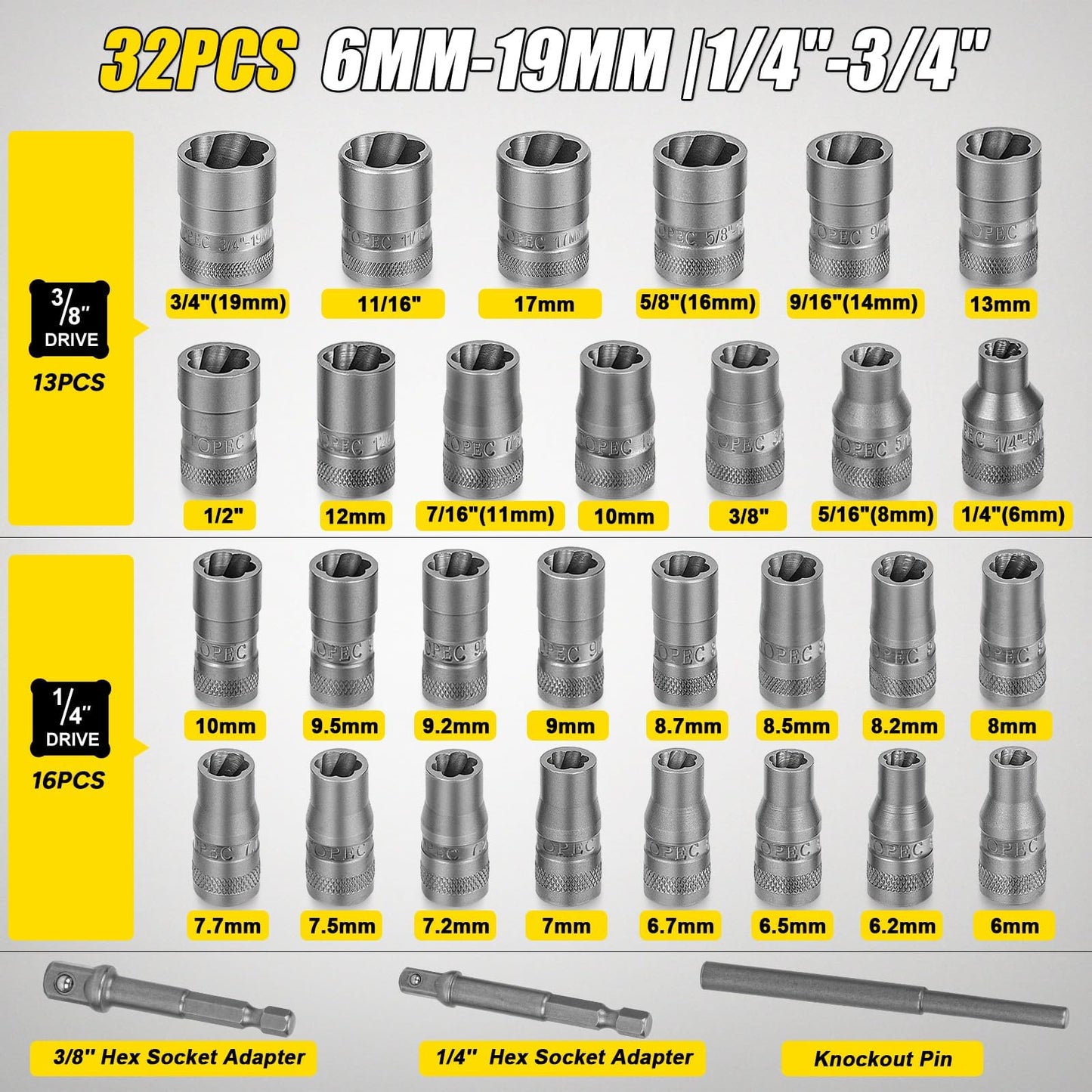 TOPEC Upgrade Bolt Extractor Kit, 32 Pieces Impact Bolt & Nut Remover Set, Stripped Lug Nut Remover, Extraction Socket Set for Removing Damaged, Frozen, Rusted, Rounded-Off Bolts, Nuts & Screws