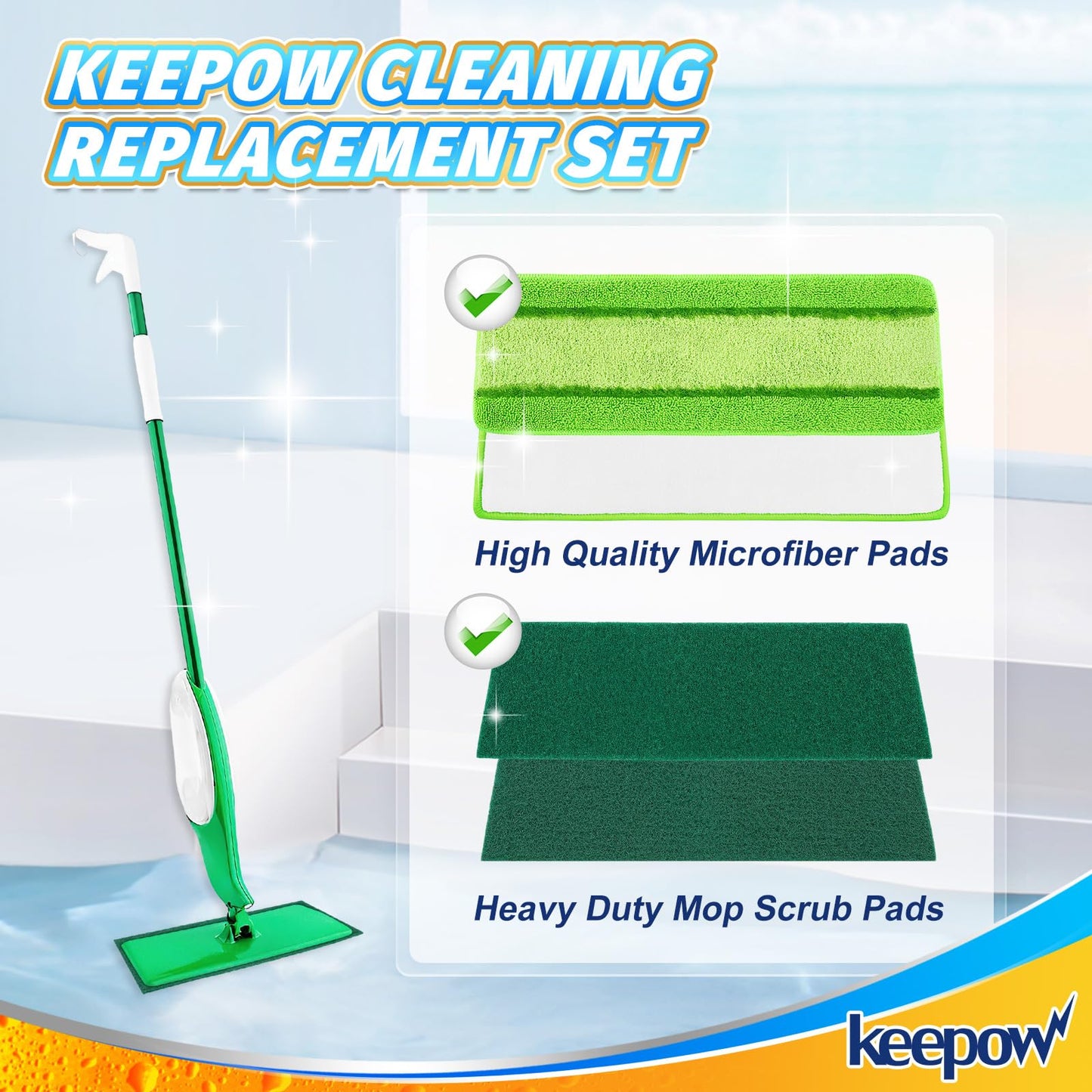 KEEPOW 6 Pack Scrub Mop Pads Replacement Compatible with Libman Freedom Spray Mop, Mop Scrubber Attachment for Floor Cleaning, Fit for Rubbermaid and Turbo & Other 18 Inch Microfiber Mops