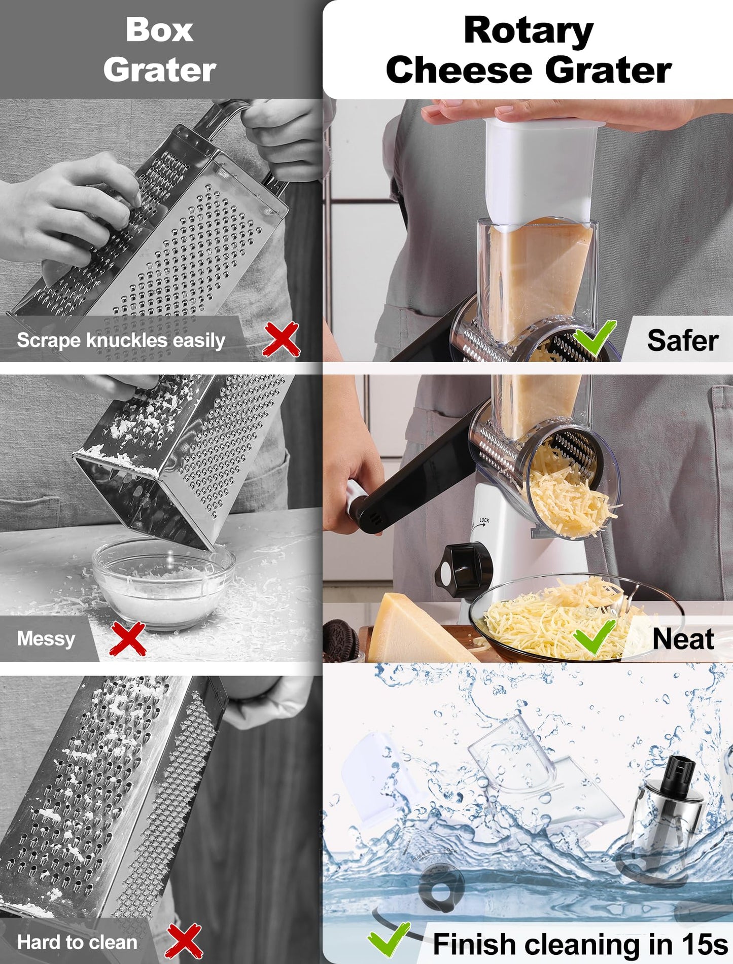 Cheese Grater Rotary, Rotary Cheese Shredder for Kitchen, Kitchen Grater Vegetable Slicer with 3 Drum Blades, Fast Cutting Cheese Shredder for Vegetables and Nuts