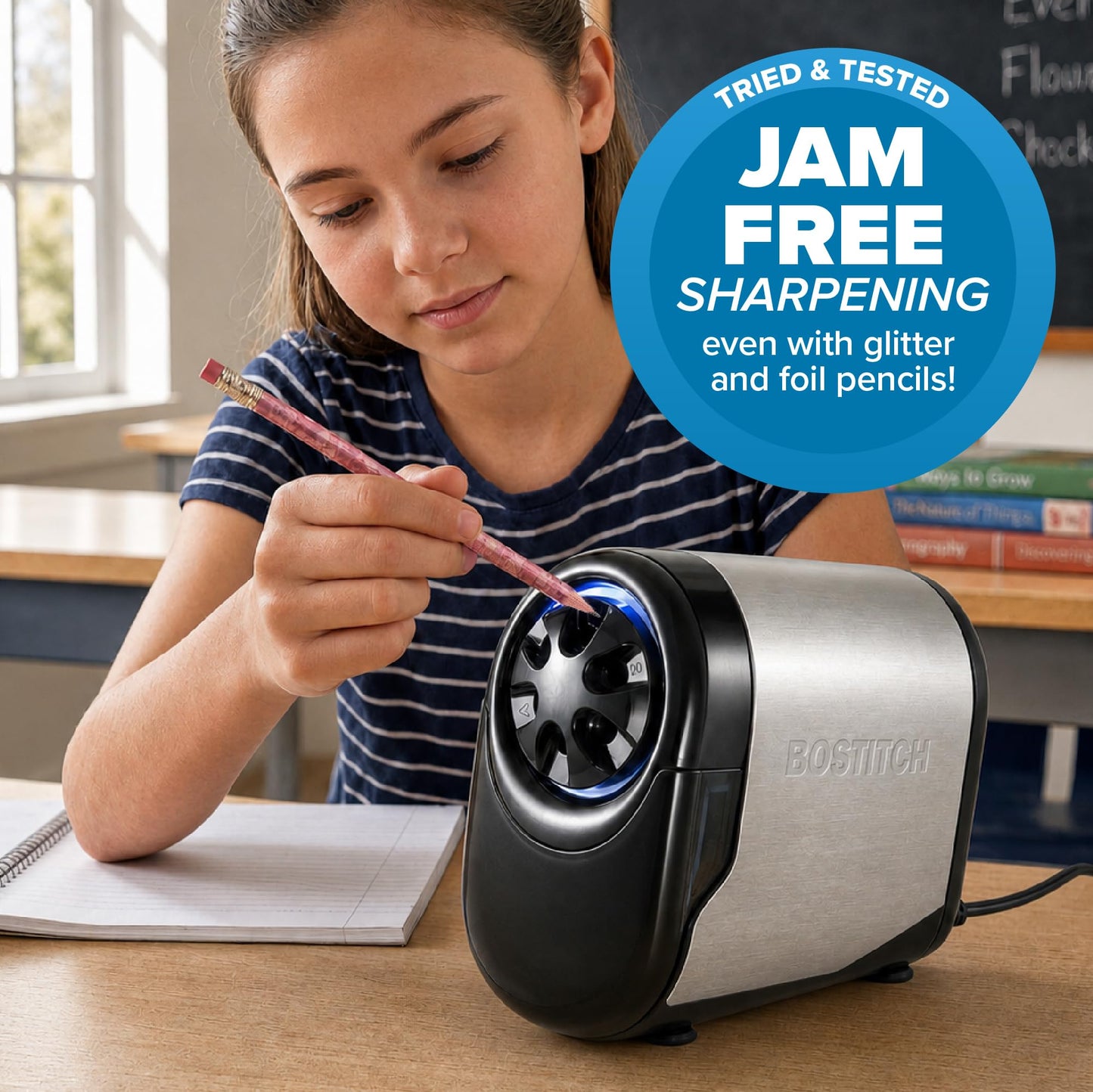 Bostitch Office QuietSharp Glow Extra Heavy Duty Classroom Electric Pencil Sharpener with Replaceable Cutter Cartridge System, Silver/Black (EPS11HC)