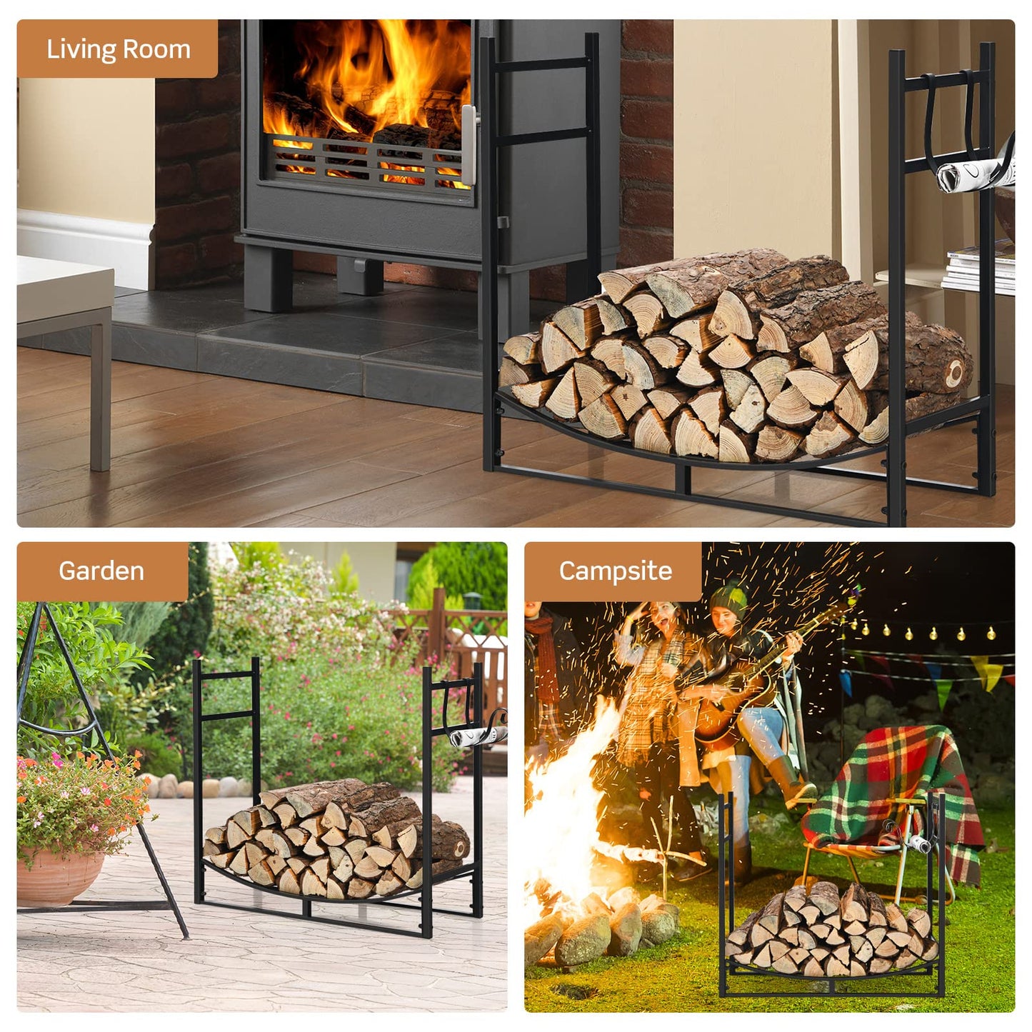 DORTALA 33'' Firewood Rack W/Removable Kindling Holder, Indoor Outdoor Steel Fireplace Wood Organizer, Easy Set-up Log Storage Stacker for Stove, Fire Pit