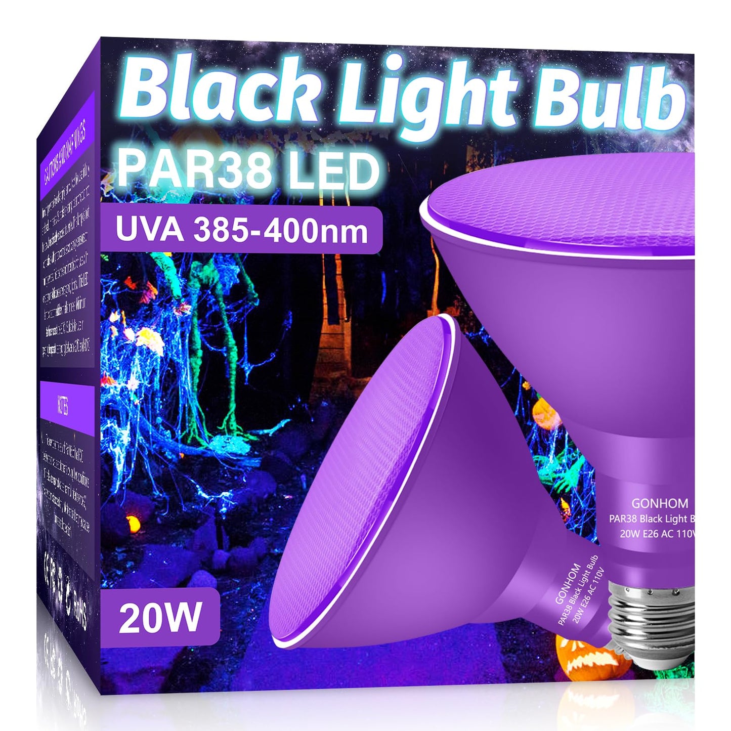 Gonhom 2 Pack PAR38 LED Black Light Bulbs, 20W Replace to 200W Blacklight Bulb, E26 Base 110V,UVA Level 385-400nm, Glow in The Dark for Blacklights Party, Body Paint, Neon Glow,Fluorescent Poster