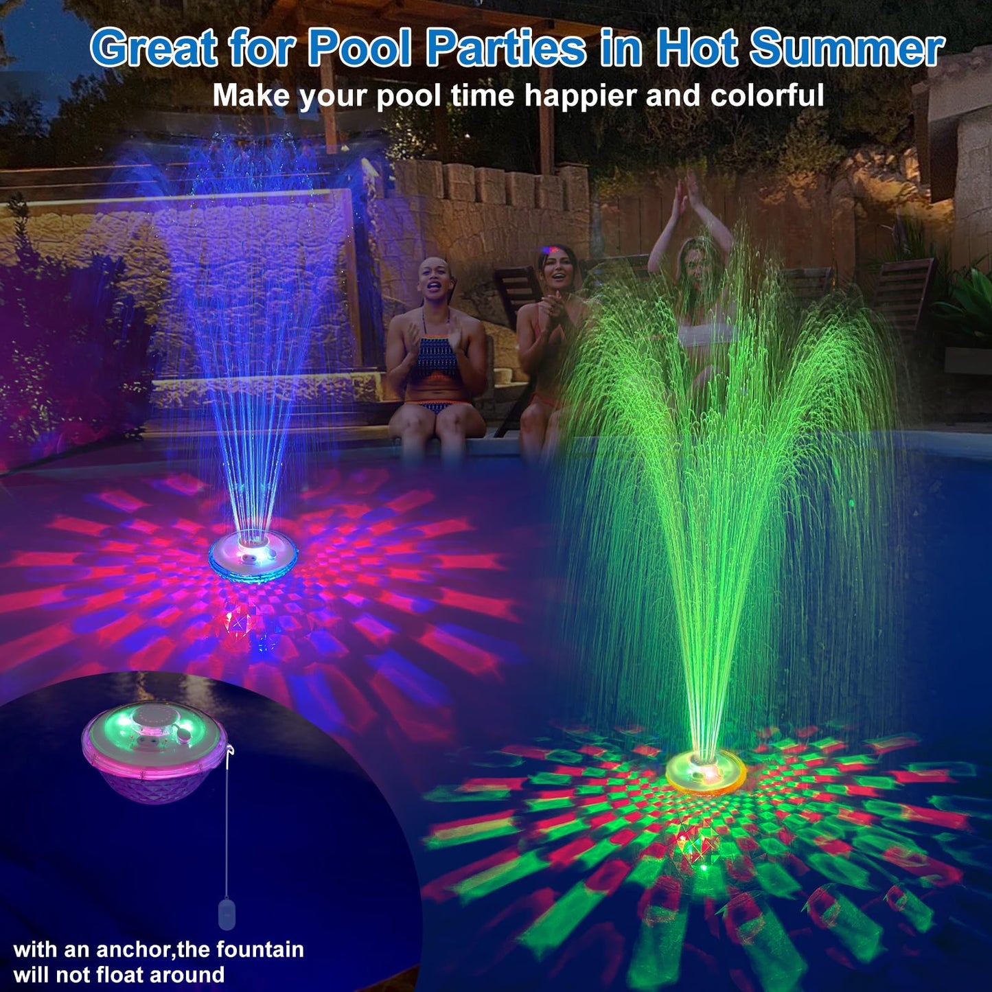 LanAqua Floating Pool Fountain with Underwater Light Show,Pool Water Fountain Rechargeable Battery Powered,2 Spray Modes Pool Fountain Pump,Pool Fountains for Inground Above Ground Pools-1PC