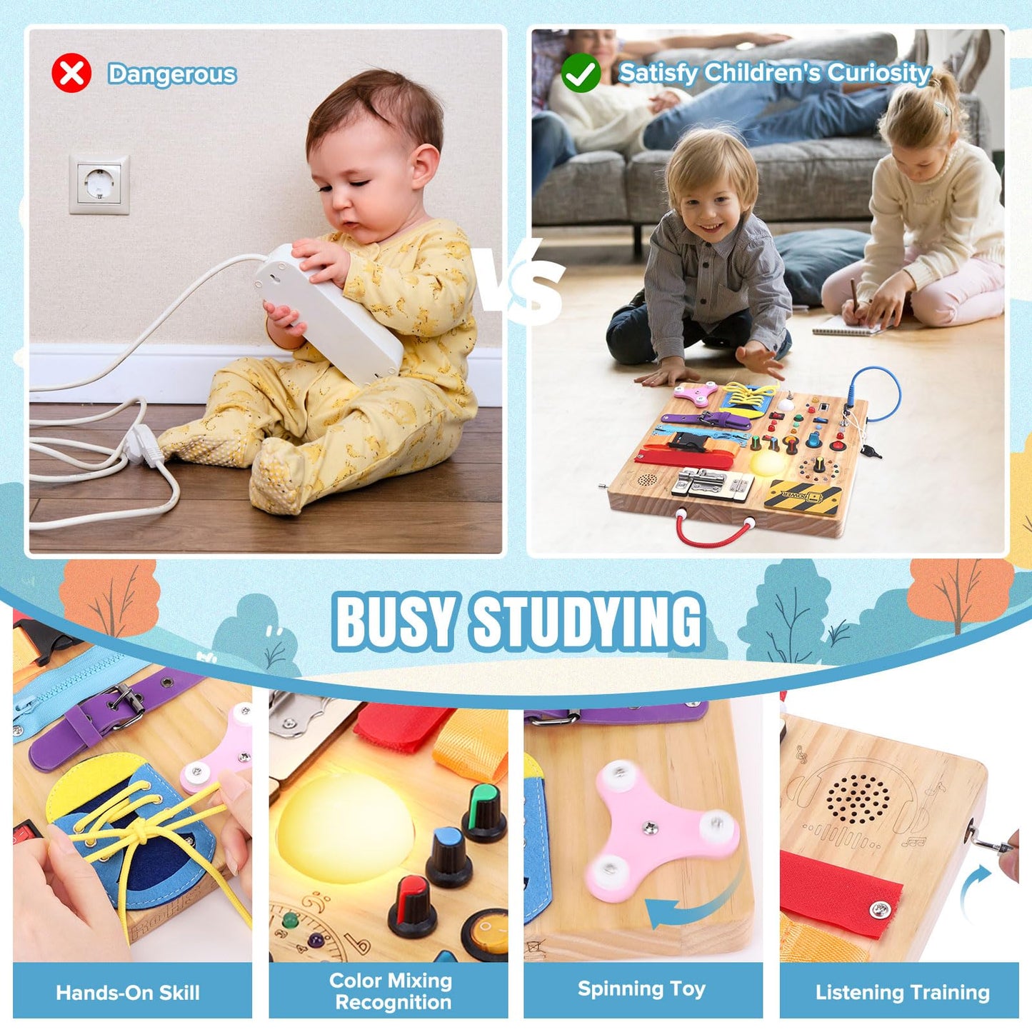 Busy Board Plus 23 in 1 Montessori Busy Board for 1 to 3 Year Old Toddlers Sensory Board with 15 Switches 26 LED Lights Music Box Locks and Zippers Ideal Travel Toy for Baby Sensory Development