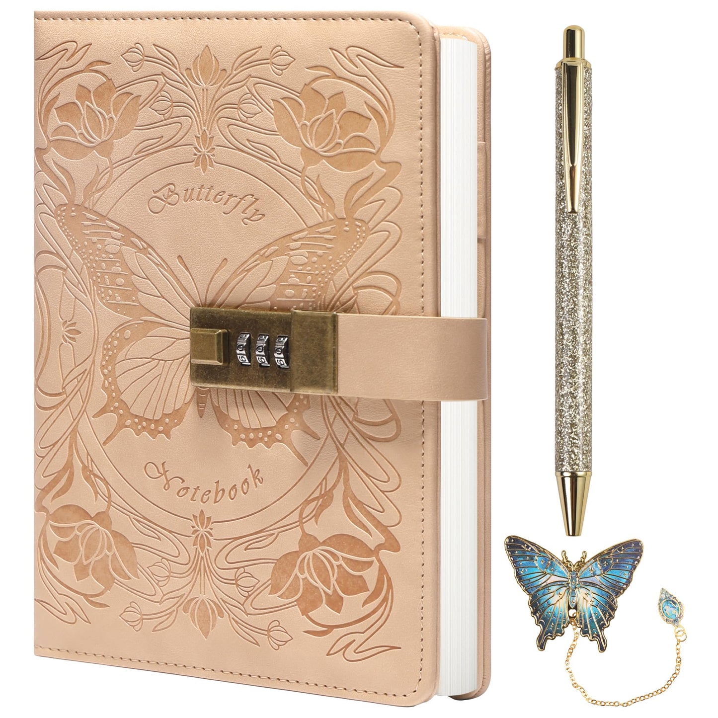 TIEFOSSI Diary with Lock for Women Girls, Lined Locked Journal, Butterfly Journal Notebook with Pen and Bookmark, A5 Refillable Locking Journals for Writing