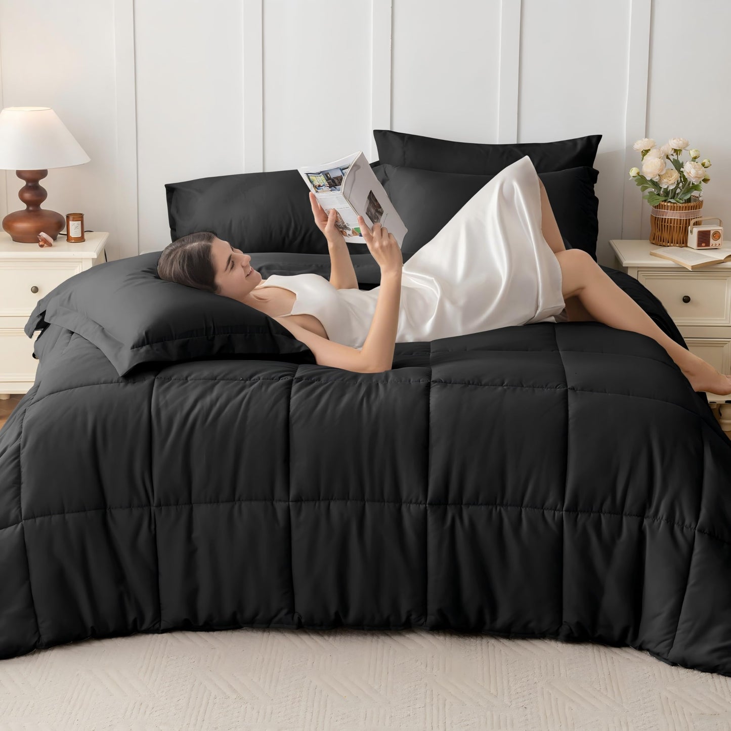 JOLLYVOGUE Queen Comforter Set 7 Pieces - Black Bed in a Bag Ultra-Soft - Goose Down Alternative - Premium 1800 Series with Comforter, Sheets, Shams & Pillowcases