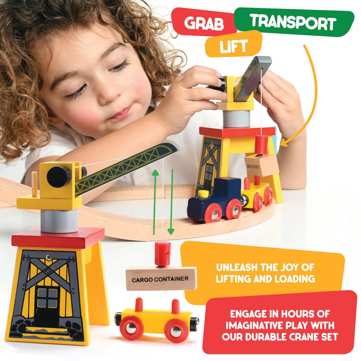 Wooden Train Set Toddler Toys - 38 Pcs Wood Train Track Set for Toddlers 3-4 Years with Crane, Bridge & Accessories - Compatible with All Major Brands