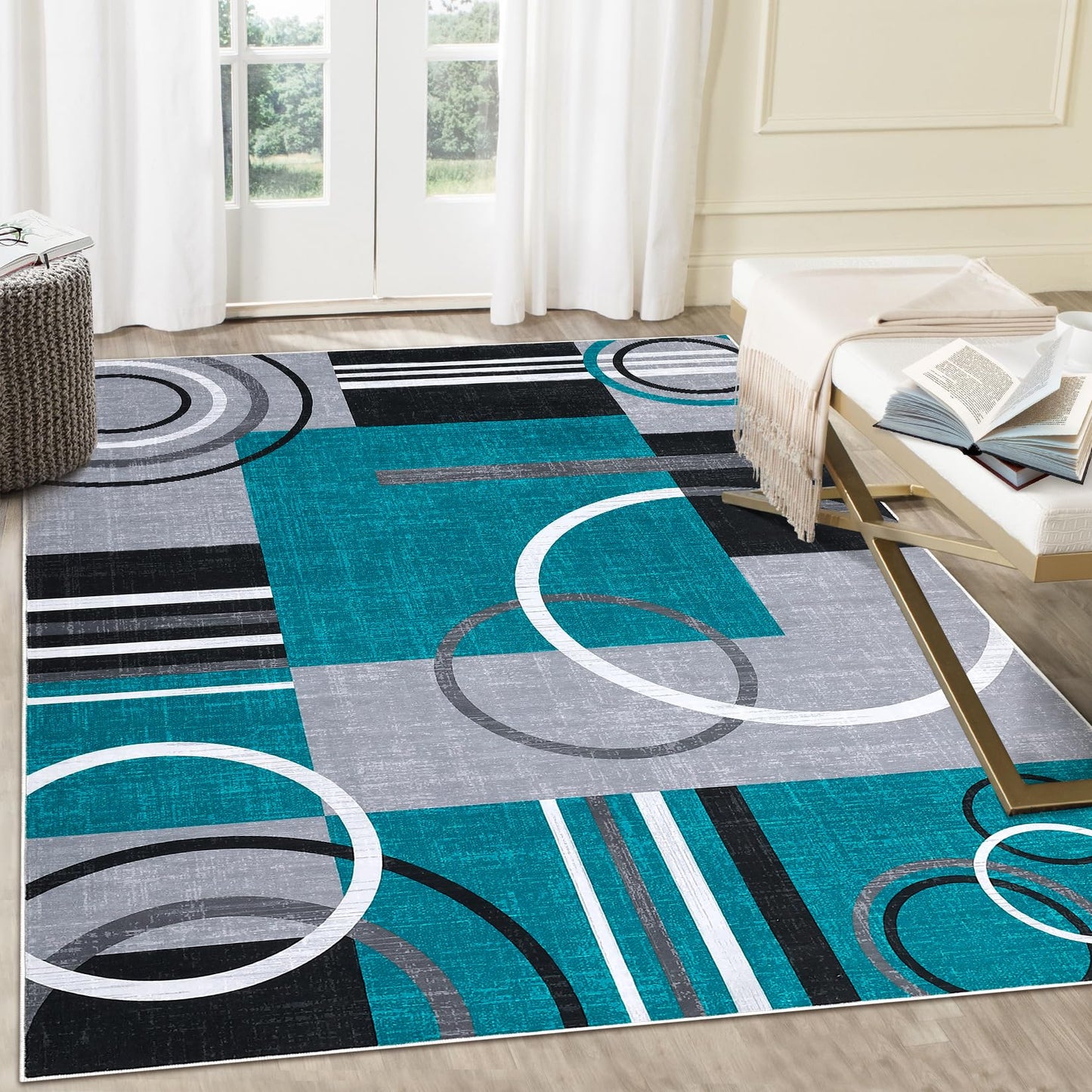 RUGSREAL Washable Area Rug 5x7 Abstract Circles Non Slip Floor Carpet Contemporary Soft Low Pile Accent for Indoor Living Dining Room, Turquoise