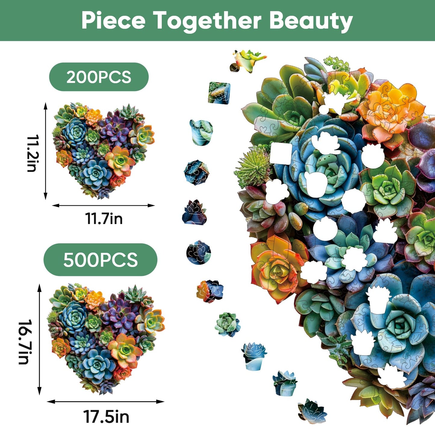 Heart Succulent Wooden Puzzles for Adults, 200 Piece Unique Shaped Wood Jigsaw Puzzles for Adults and Kids, Fun Challenging Puzzles Family Game Gift, Medium 11.7'' x 11.2''
