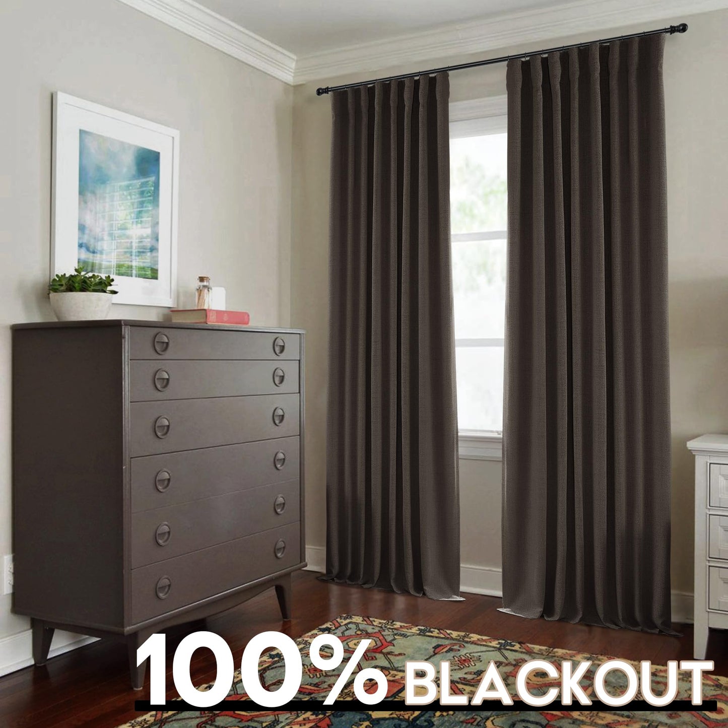 SHINELAND Brown Linen Curtains 96 Inch Long 2 Panels Black Out Curtain for Bedroom Living Room Dining 100% Blackout Room Darkening Dark Curtains Back Tab with Insulated Liners, Dark Brown