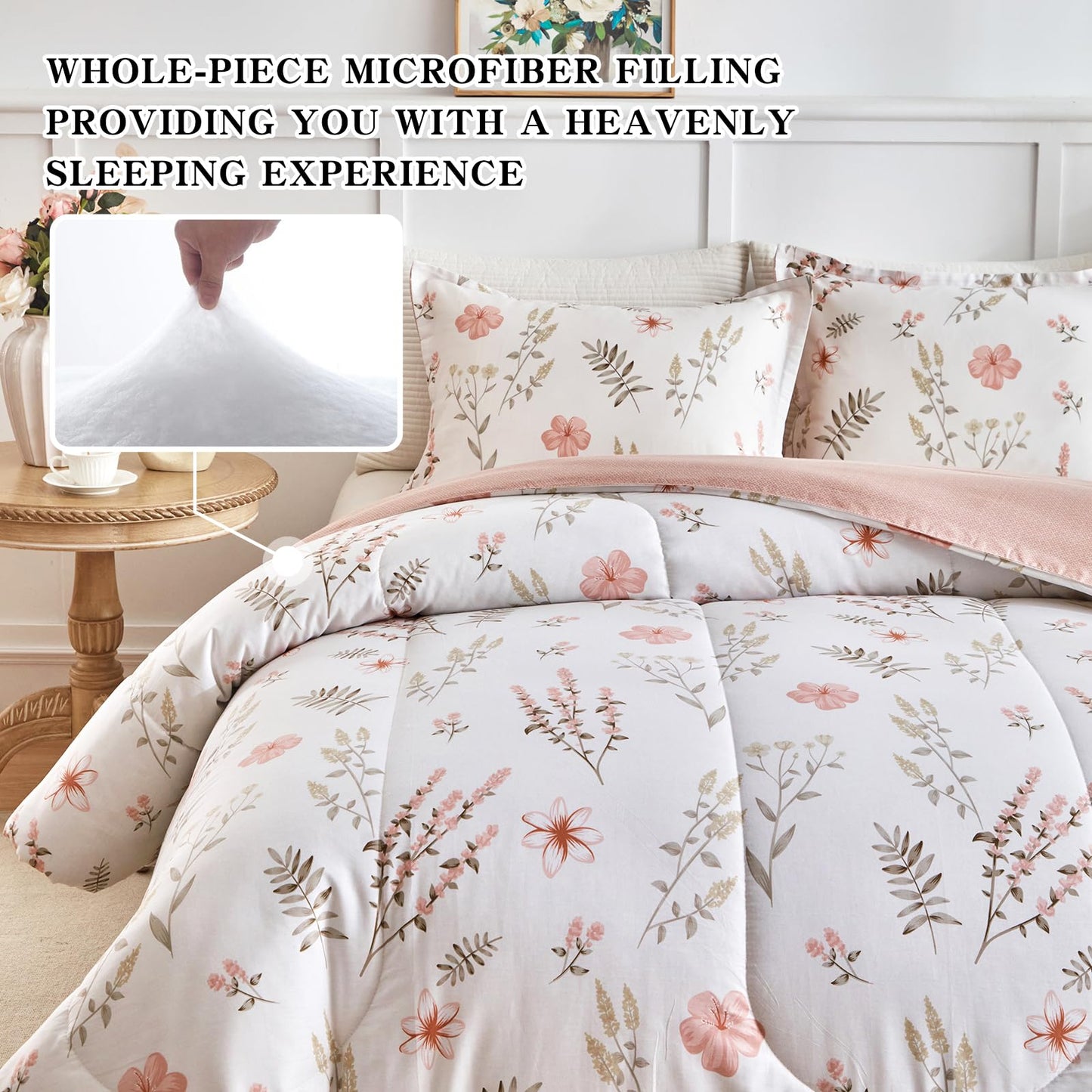 Joyreap 3pcs Floral Cotton Comforter Set for Girls, Pink Flowers n Leaves Botanical Design, Queen Size Soft n Cozy Bedding Comforter Set for All Season- 88x88 inches