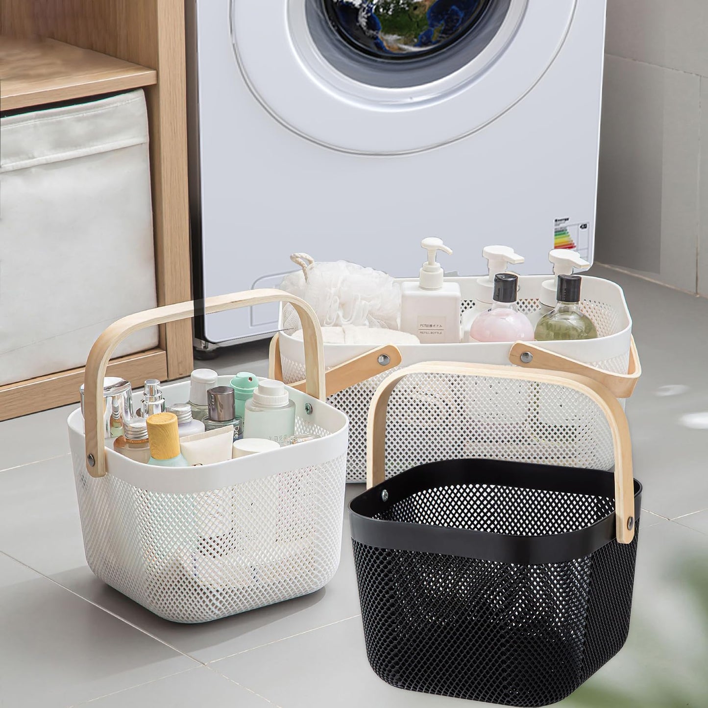 Nexboraque 2 Pack Plastic Picnic Baskets, Mesh Harvest Basket with Foldable Wooden Handle, Rectangle Fruit Vegetable Storage Organizer Bins for Gathering, Kitchen, Pantry, Black