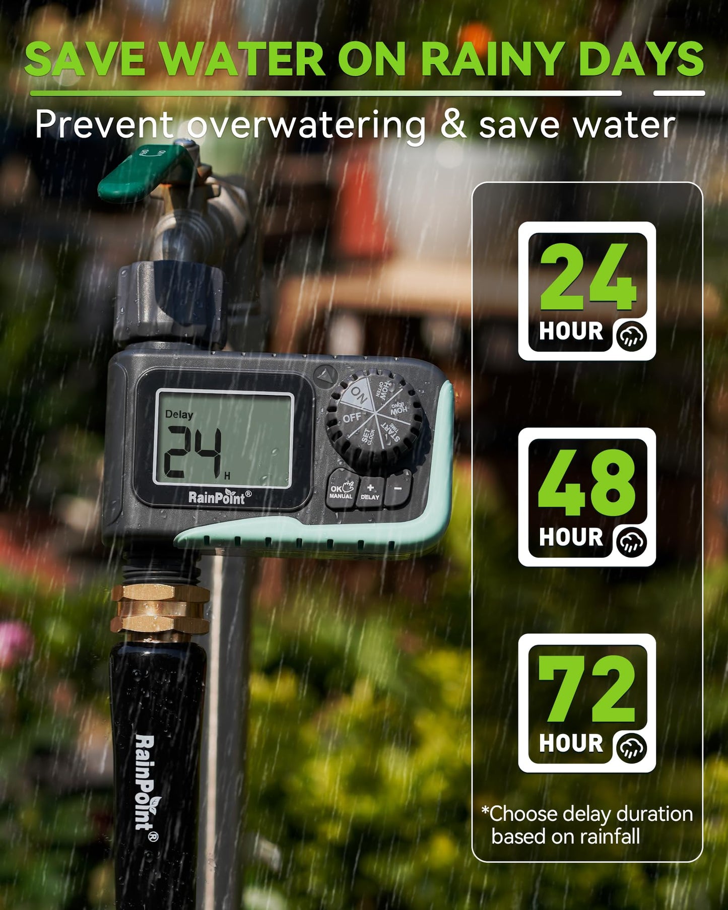 RAINPOINT Sprinkler Timer,Water Timer Programmable Garden Outdoor Hose Feature Timer with Rain Delay/Manual/Automatic Watering System,Waterproof Digital Irrigation Timer System for Lawns Pool,1 Outlet